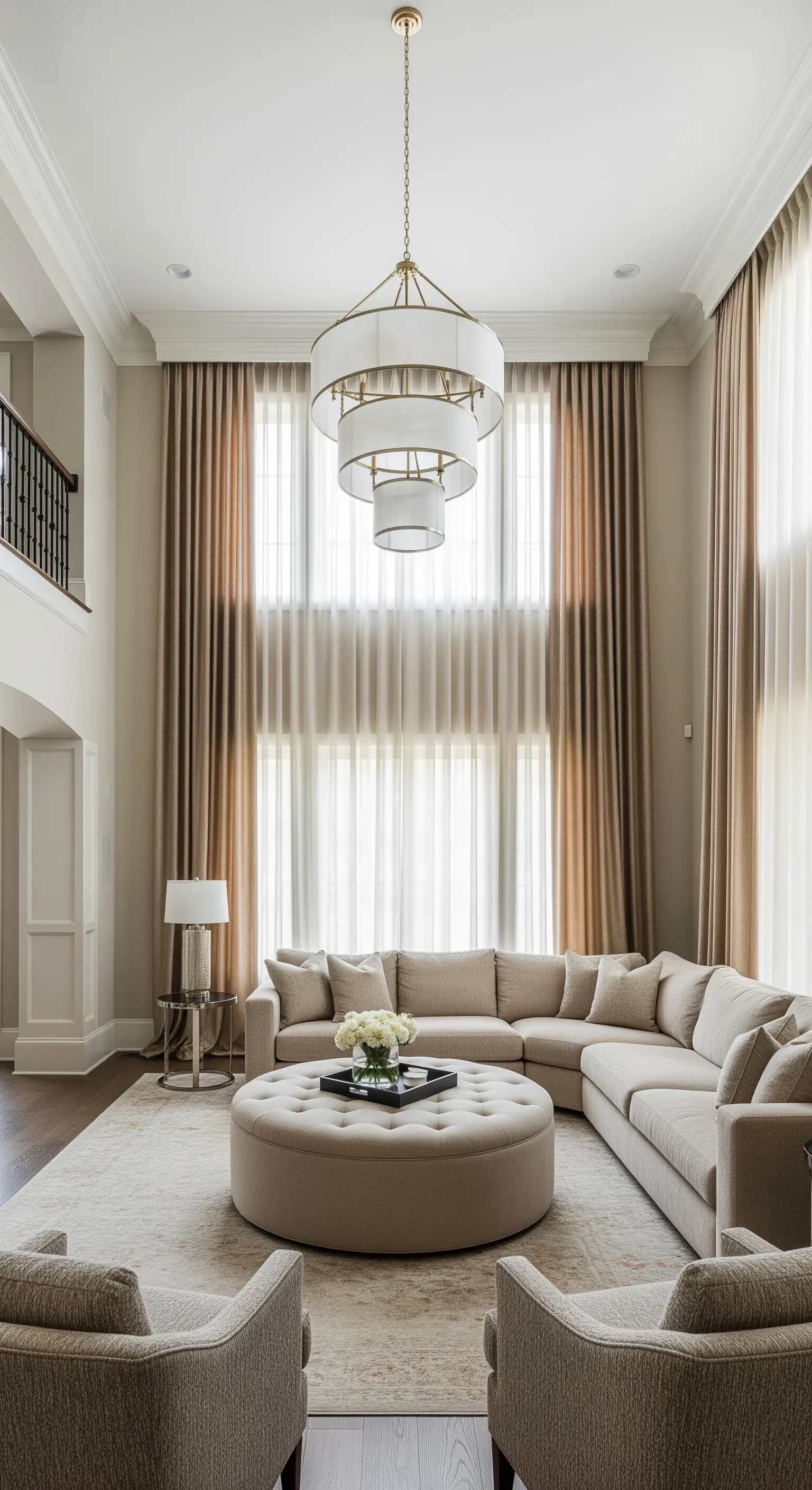 Hohes Wohnzimmer mit deckenhohen Vorhängen, großer Hängeleuchte und einem runden Polsterhocker.