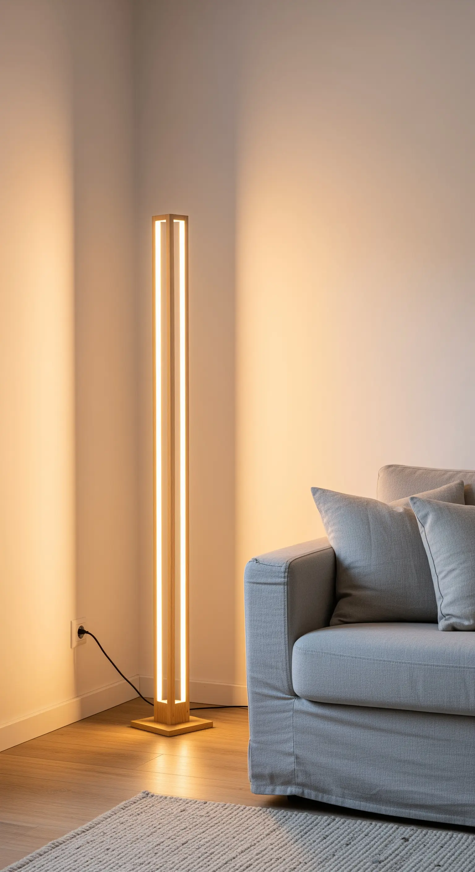 Hohe, schmale Stehlampe aus Holz mit vertikalen LED-Streifen in einer Raumecke.