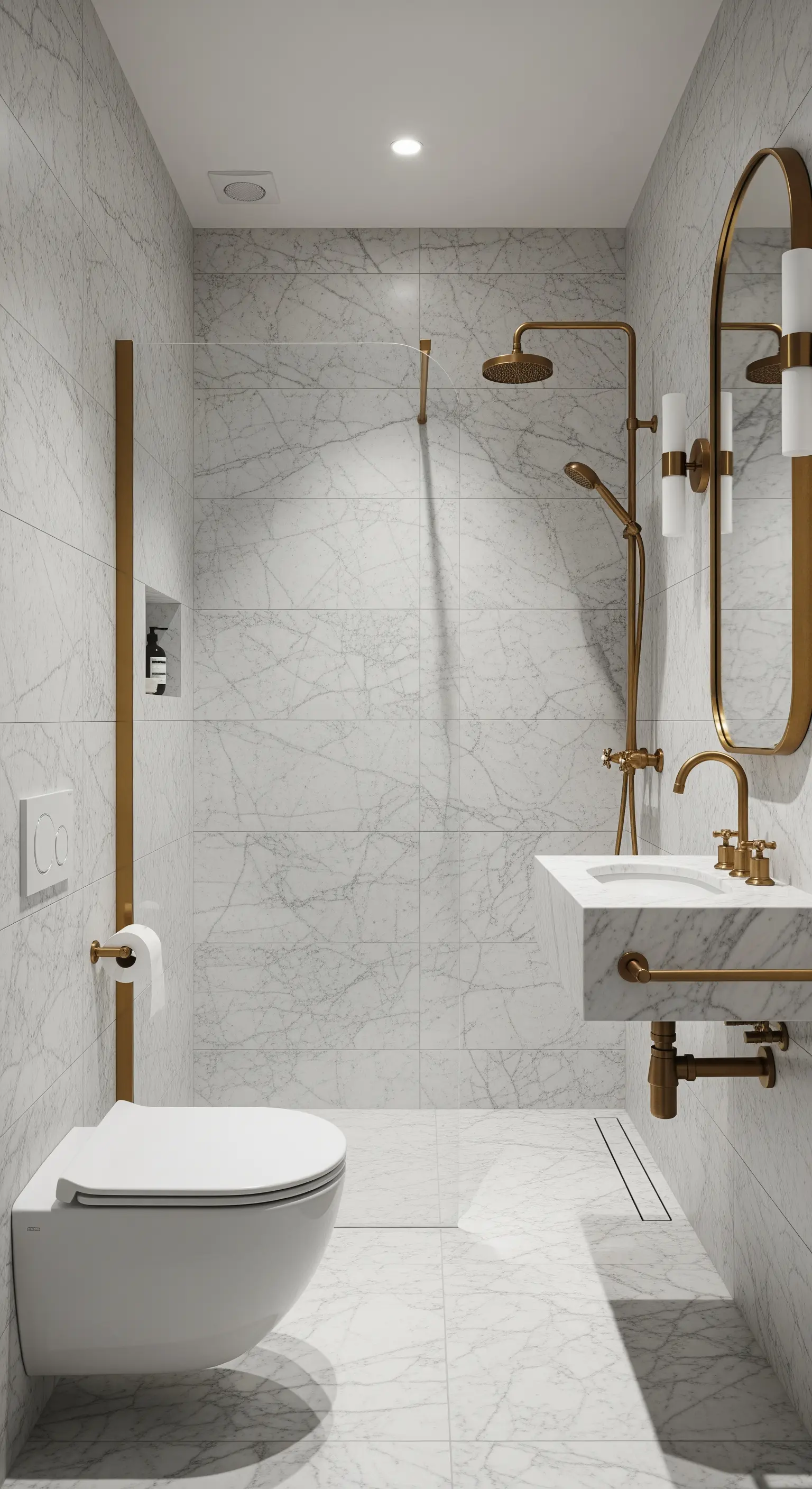 Schmales Badezimmer mit hellem Marmor und einer durchgehenden Messingstange vom Boden zur Decke.