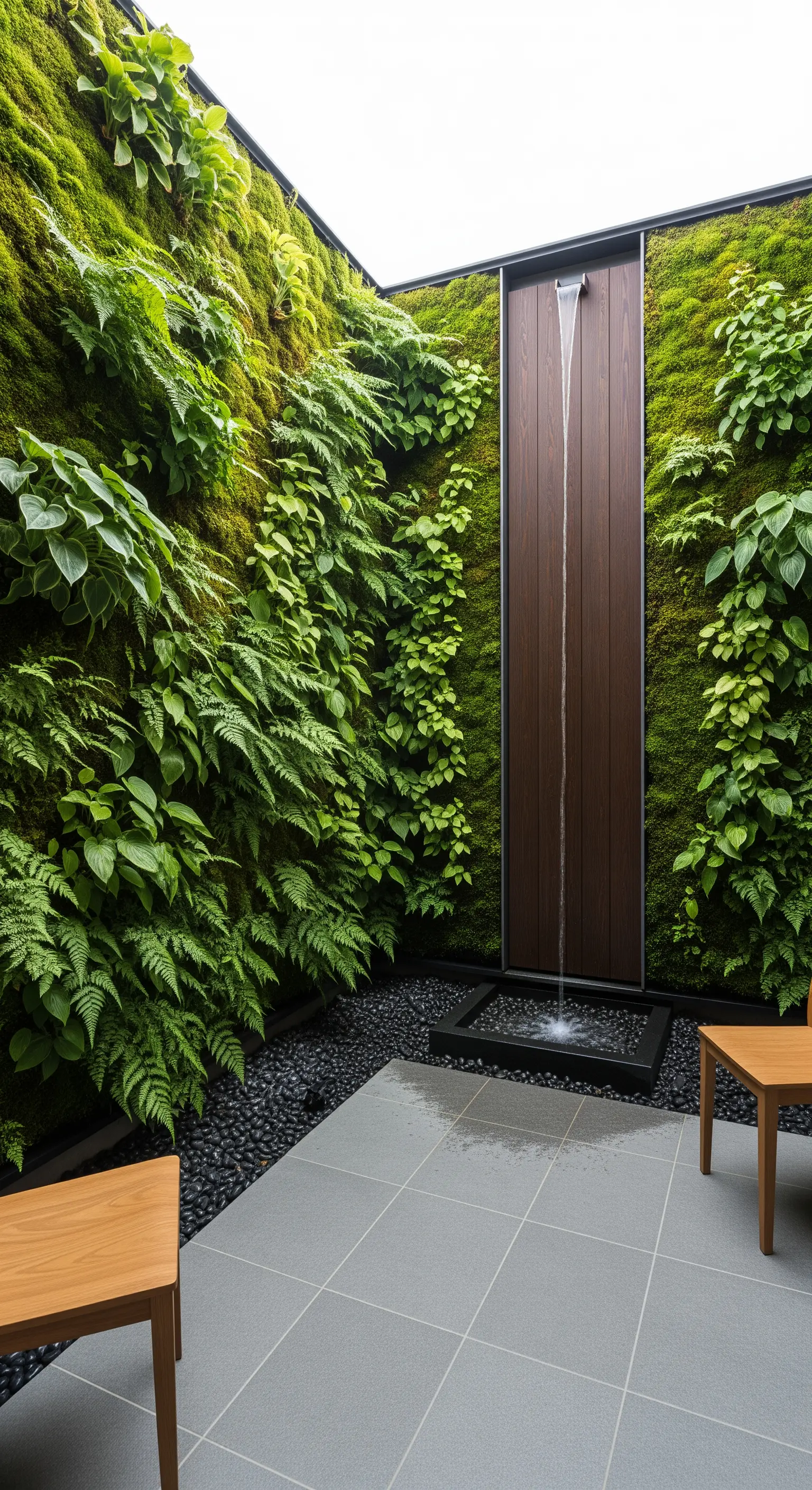 Außendusche in einem kleinen Hof mit üppig begrünten Mooswänden und Holzakzenten.