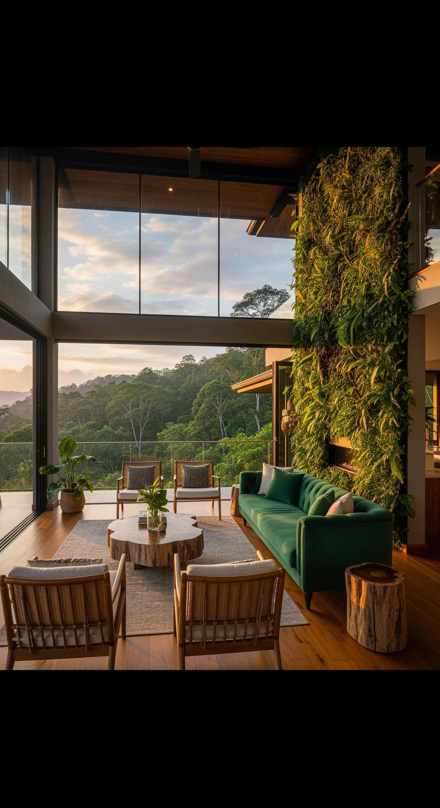 Modernes Wohnzimmer mit einer raumhohen Pflanzenwand und Blick in einen tropischen Wald.