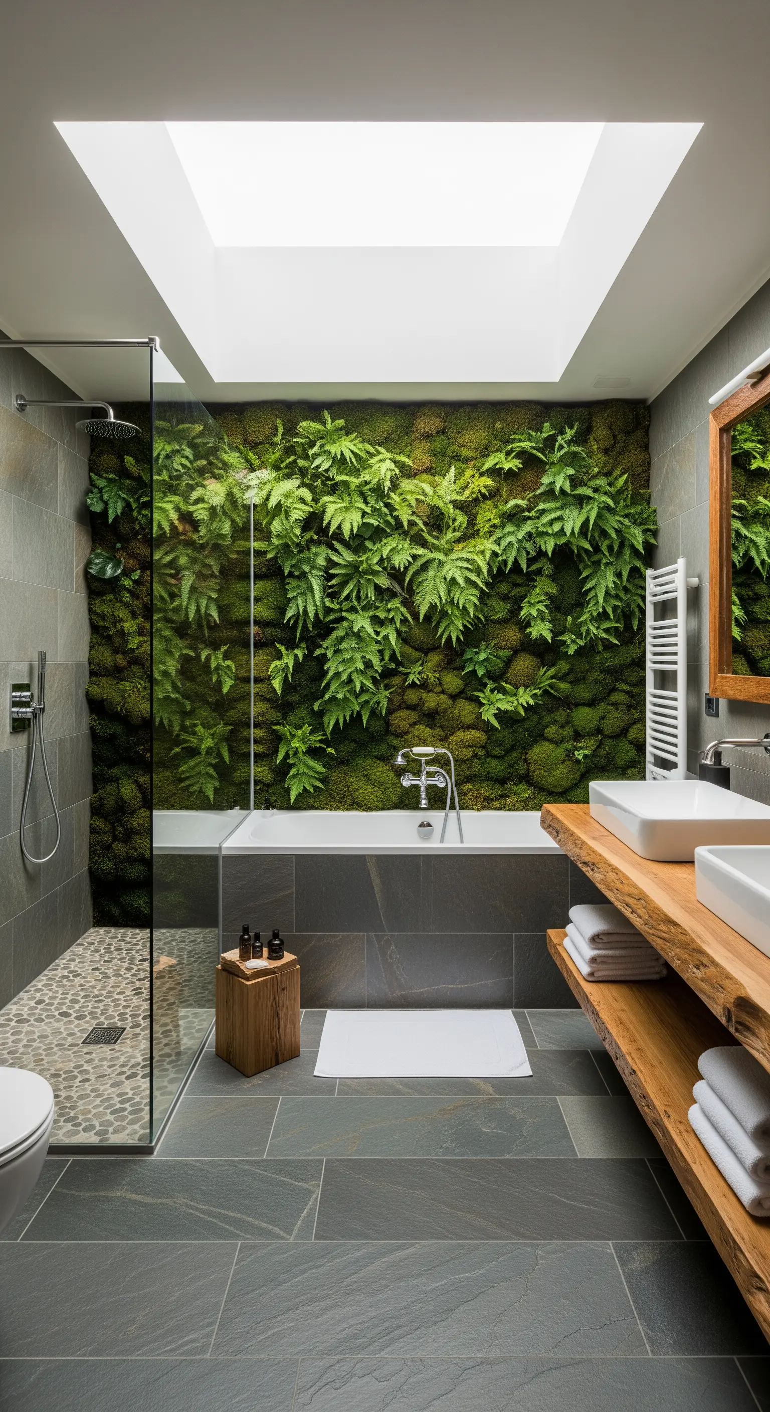 Badezimmer mit einer üppig grünen Pflanzenwand hinter der Badewanne und Schieferfliesen.