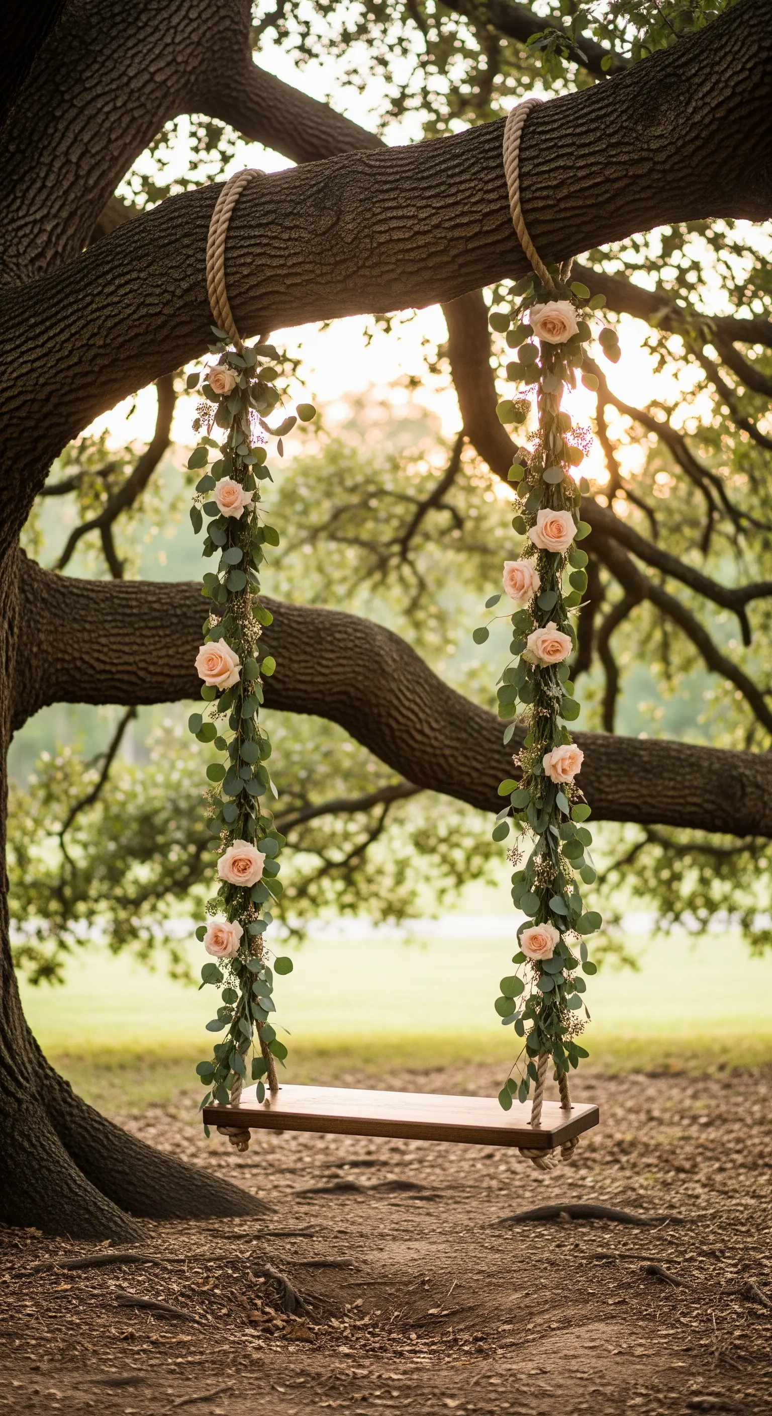 Eine mit Rosen und Eukalyptus geschmückte Holzschaukel hängt an einem Baum