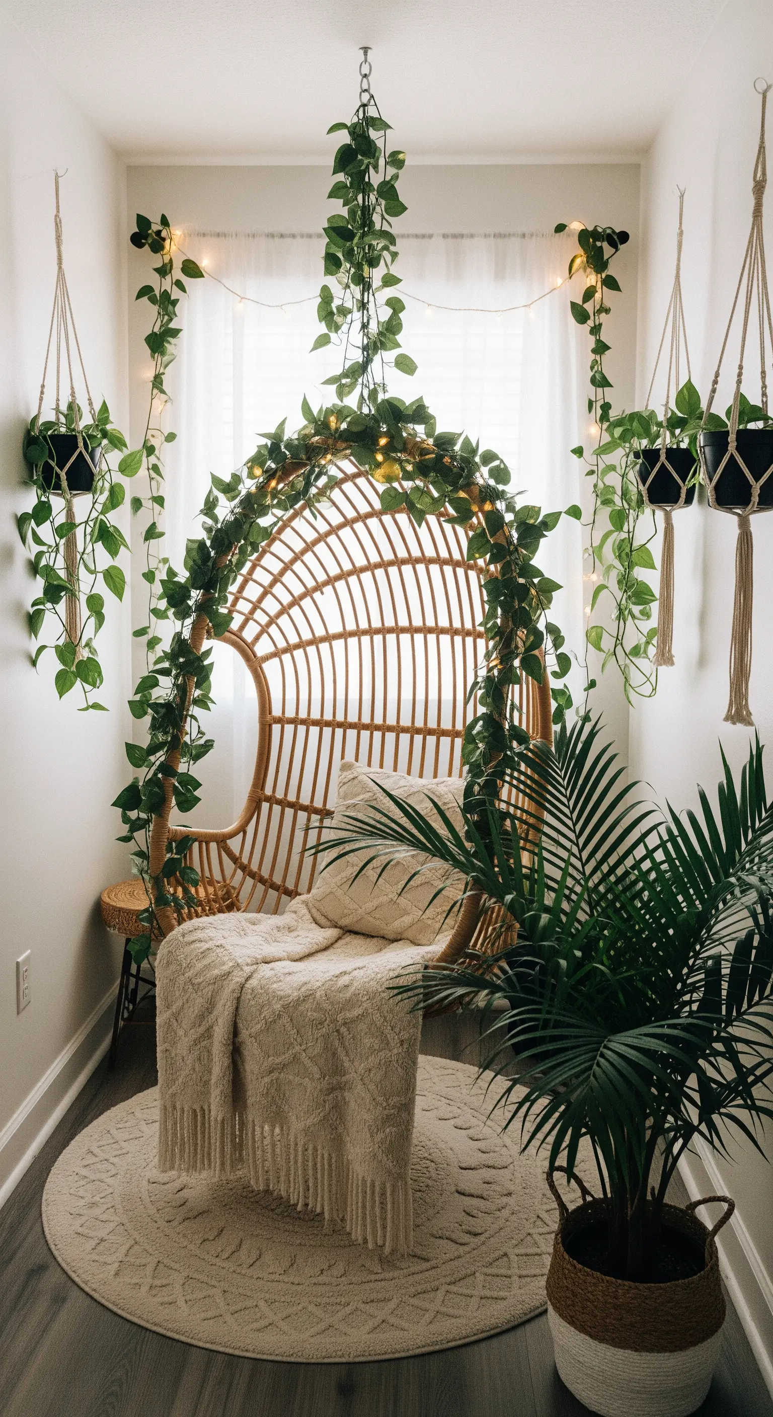 Ein Rattan-Hängesessel, umrahmt von Efeuranken und warmen Lichterketten in einer gemütlichen Ecke.
