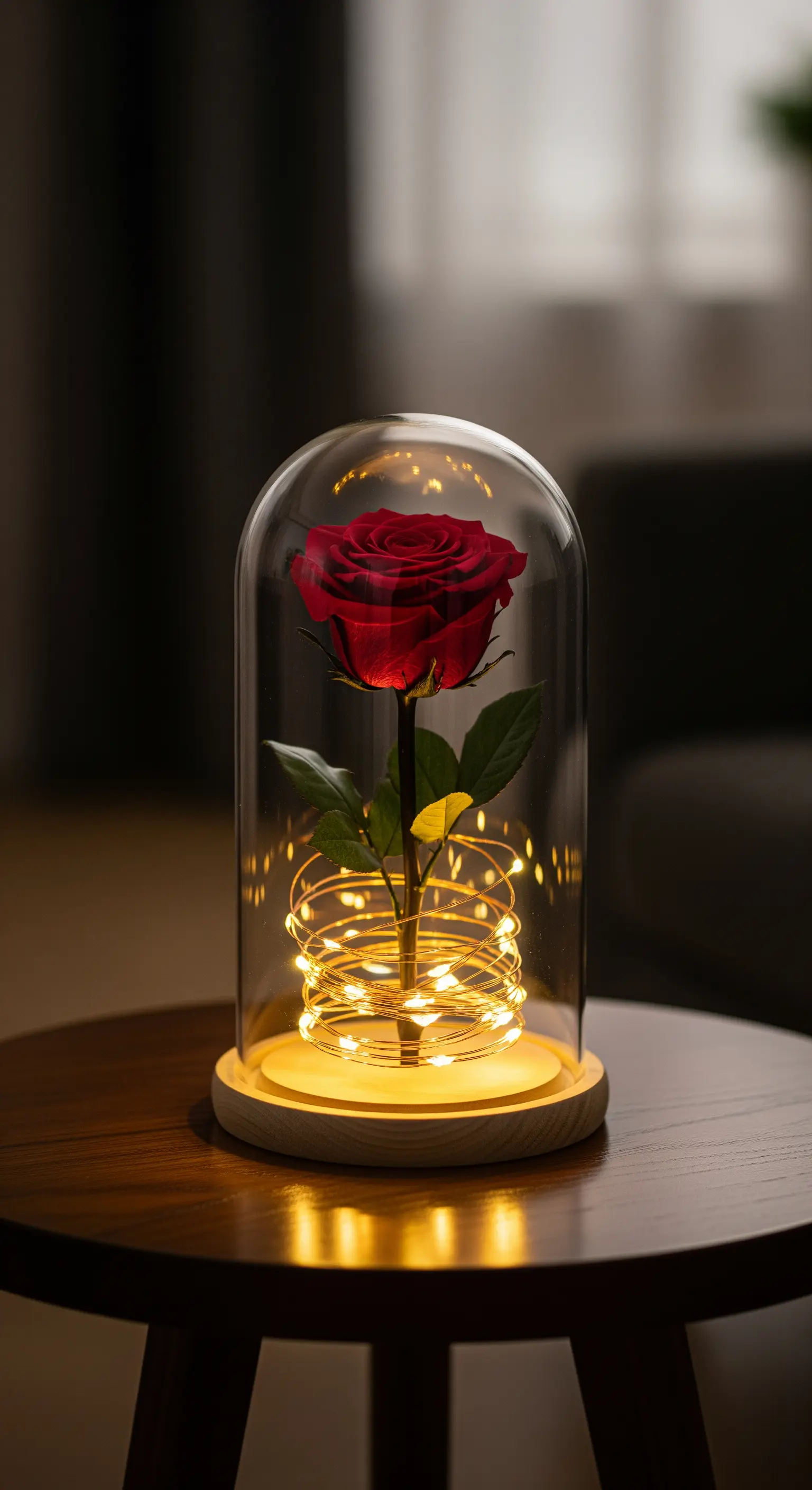 Eine rote Rose unter einer Glasglocke, beleuchtet von einer aufgerollten Lichterkette.