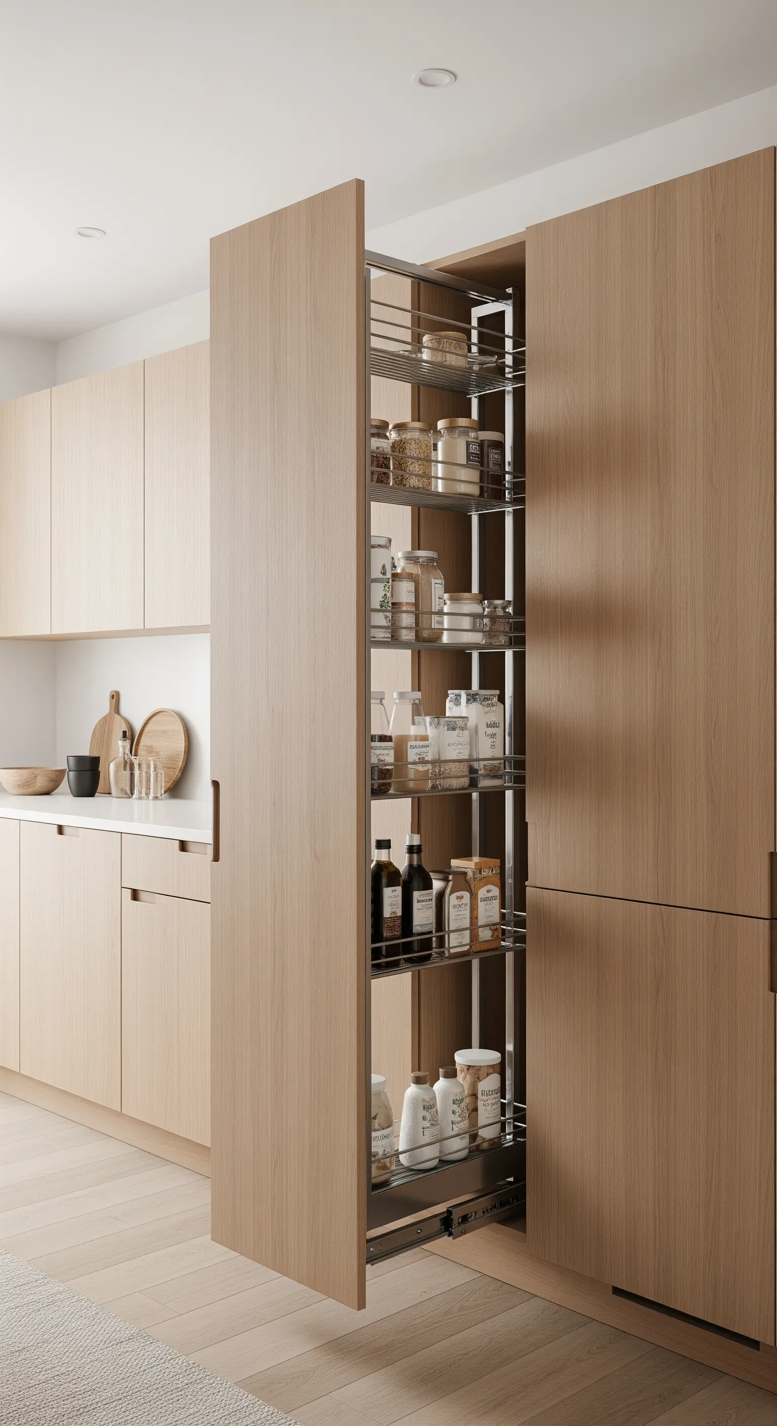 Hoher Ausziehschrank in einer Holzküche, der organisierten Stauraum für Lebensmittel bietet.