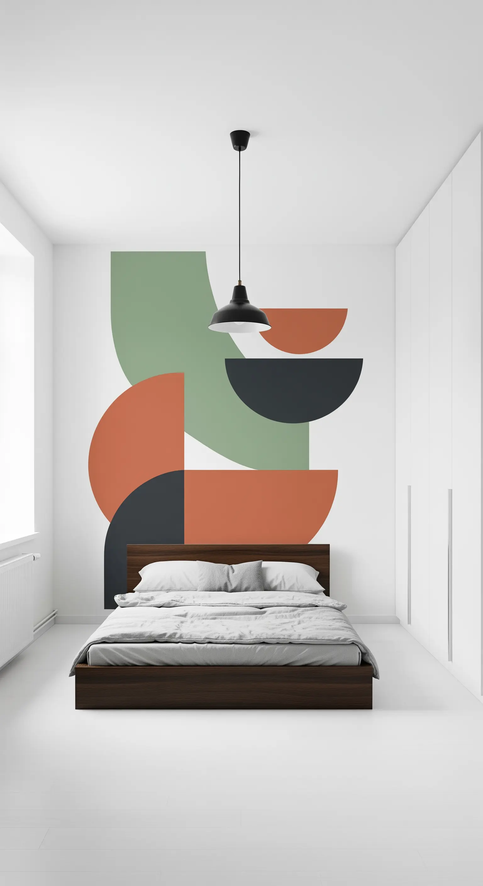 Minimalistisches Schlafzimmer mit einer großen, geometrischen Wandmalerei als Fokuspunkt.