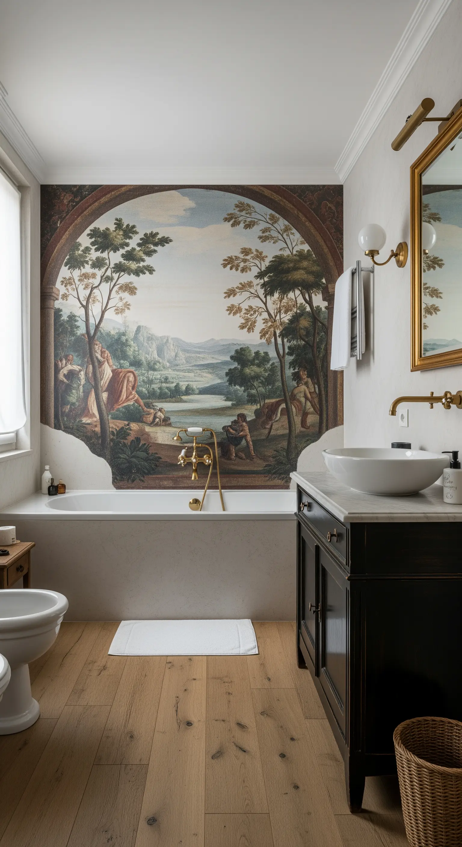 Badezimmer mit einer großen Wandmalerei einer Landschaftsszene hinter der Badewanne.