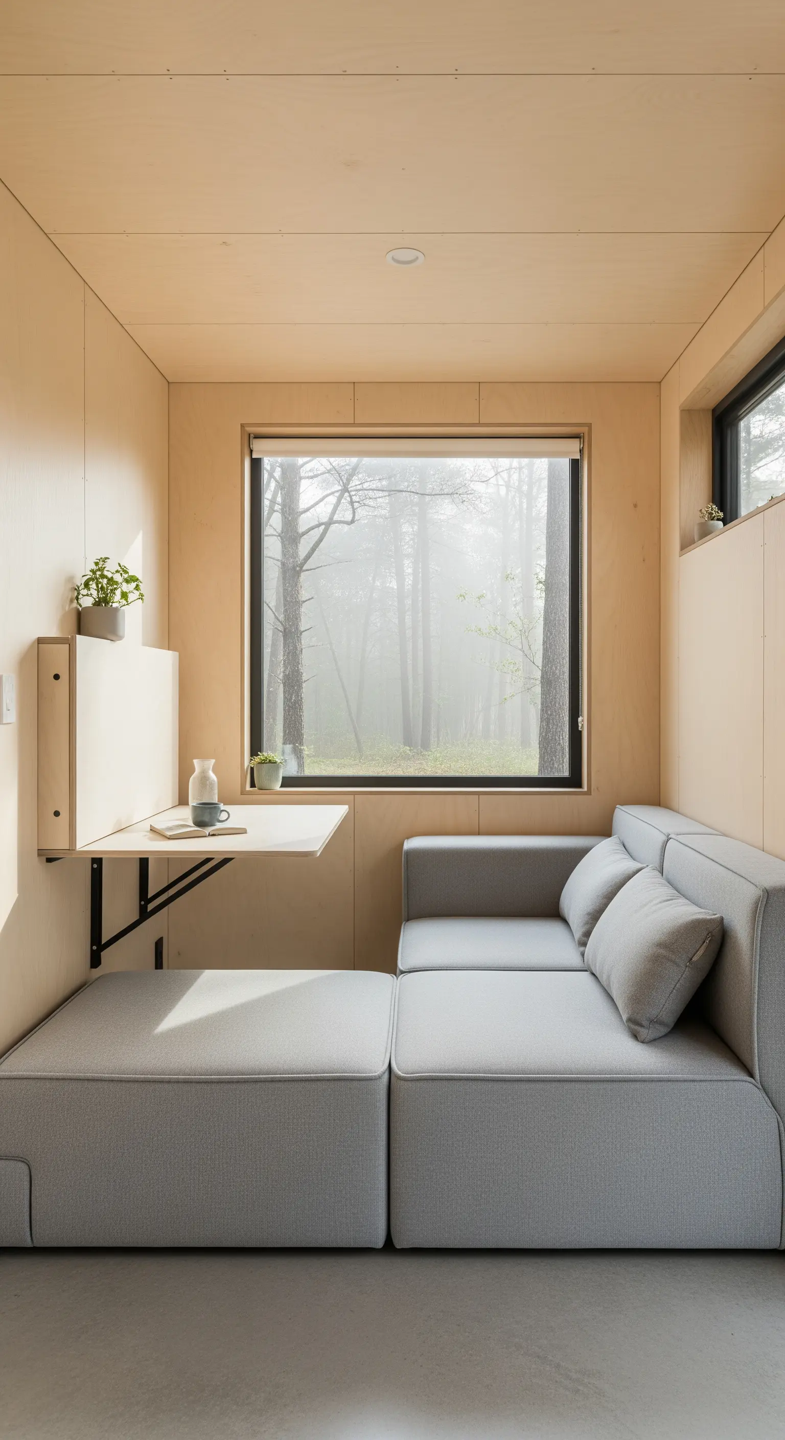 Minimalistisches Wohnzimmer mit hellem Holz und ausklappbarem Wandtisch.