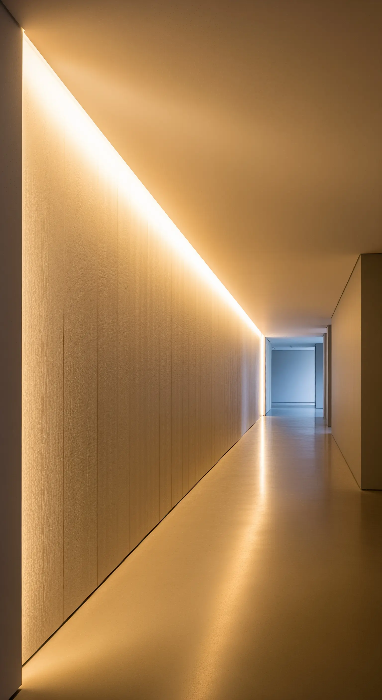 Ein langer Flur wird durch eine in die Wand integrierte, durchgehende Lichtleiste beleuchtet.