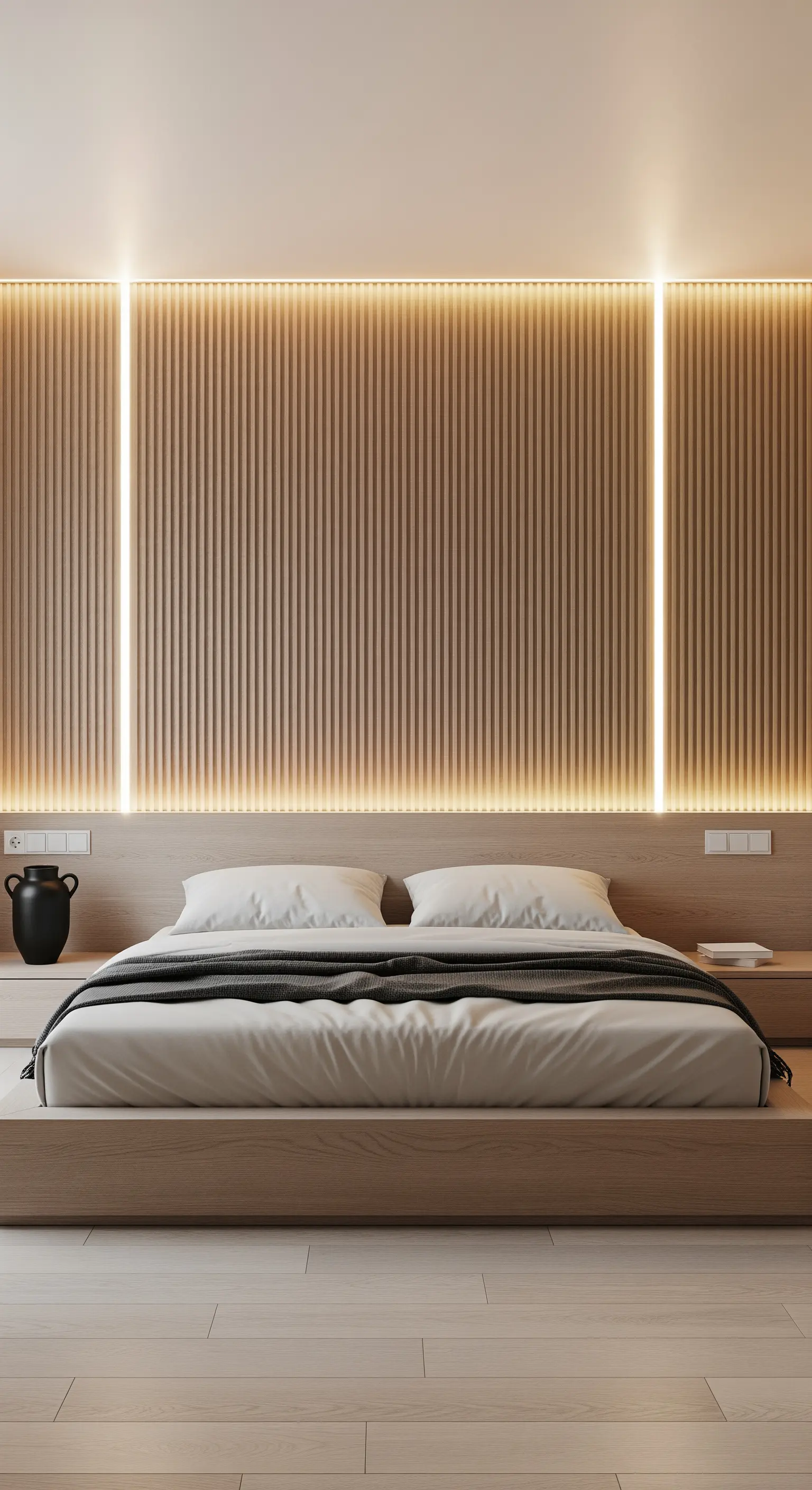 Schlafzimmer mit Holzlamellen-Kopfteil und integrierter, indirekter LED-Beleuchtung.