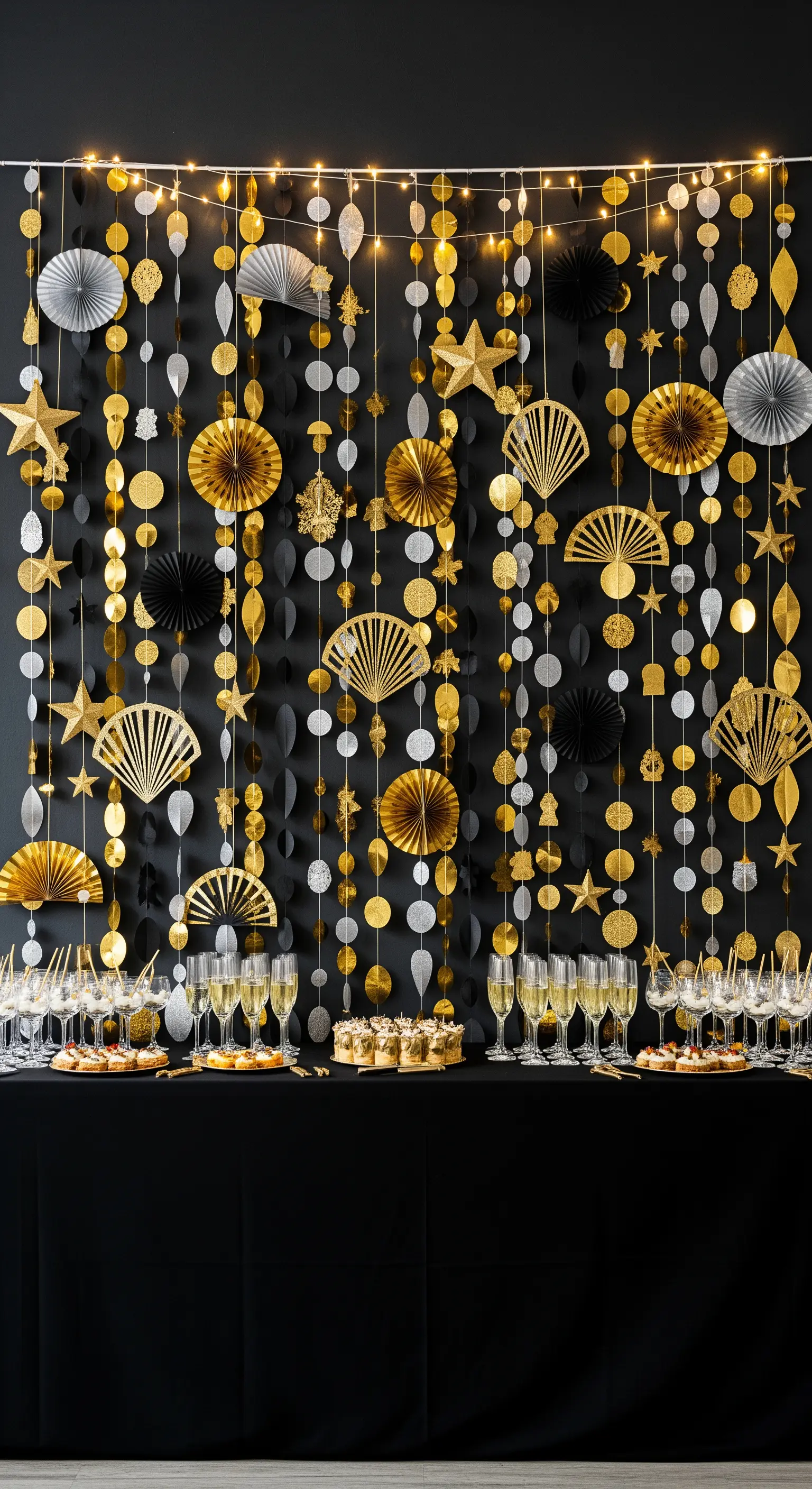 Glamouröse Neujahrs-Fotowand mit Papiergirlanden in Gold, Schwarz und Silber.