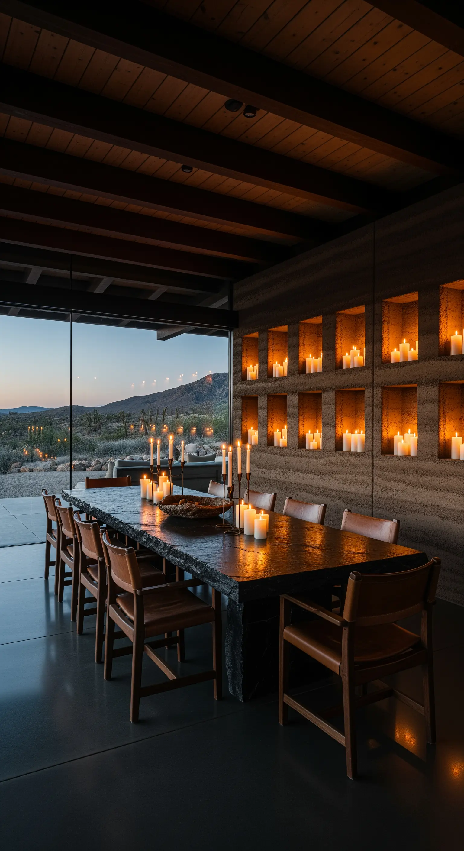 Langer Steintisch vor einer Wand aus beleuchteten Nischen, die mit Kerzen gefüllt sind.