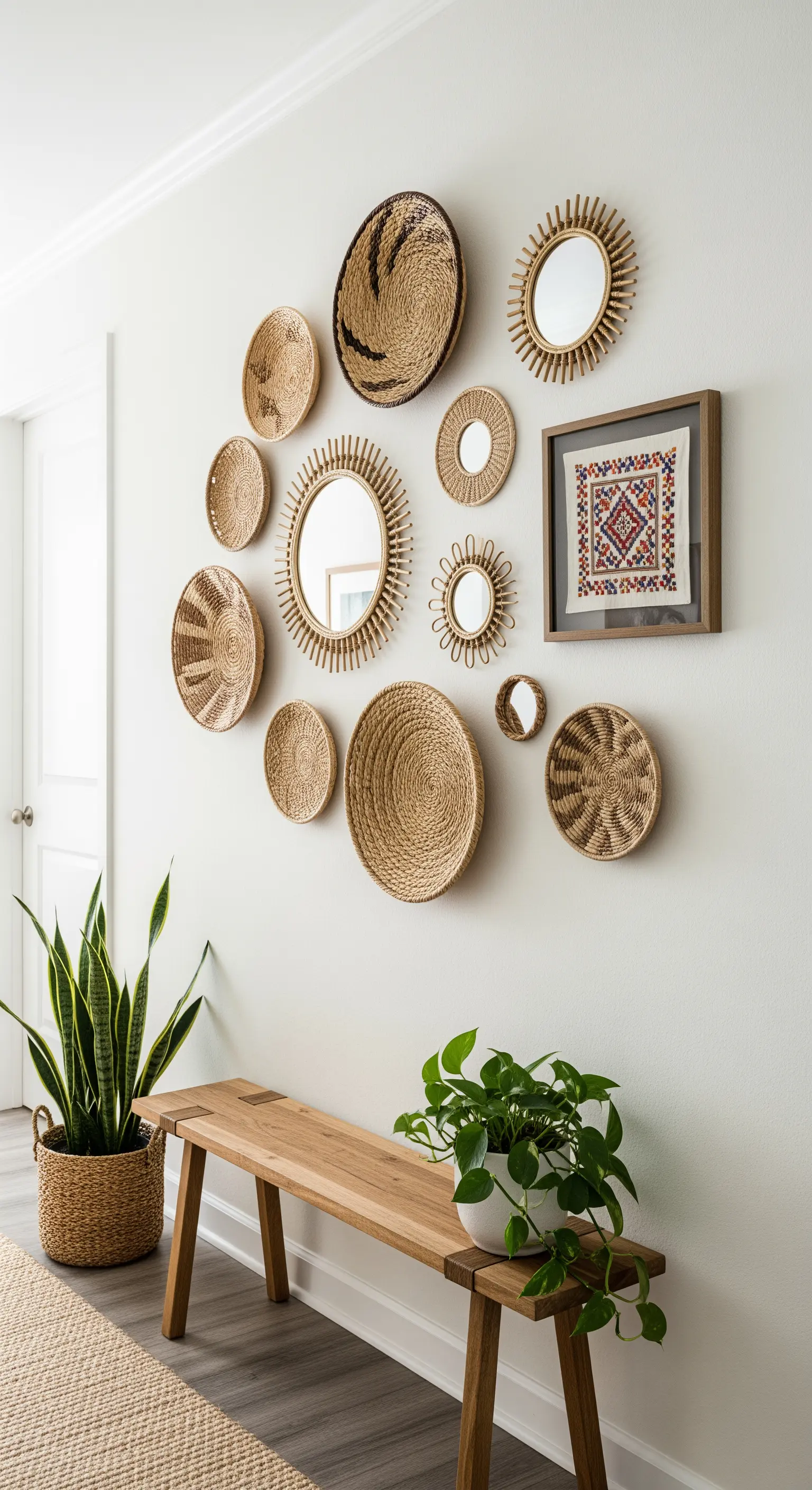 Wandgalerie aus geflochtenen Körben und Rattanspiegeln über einer Holzbank.