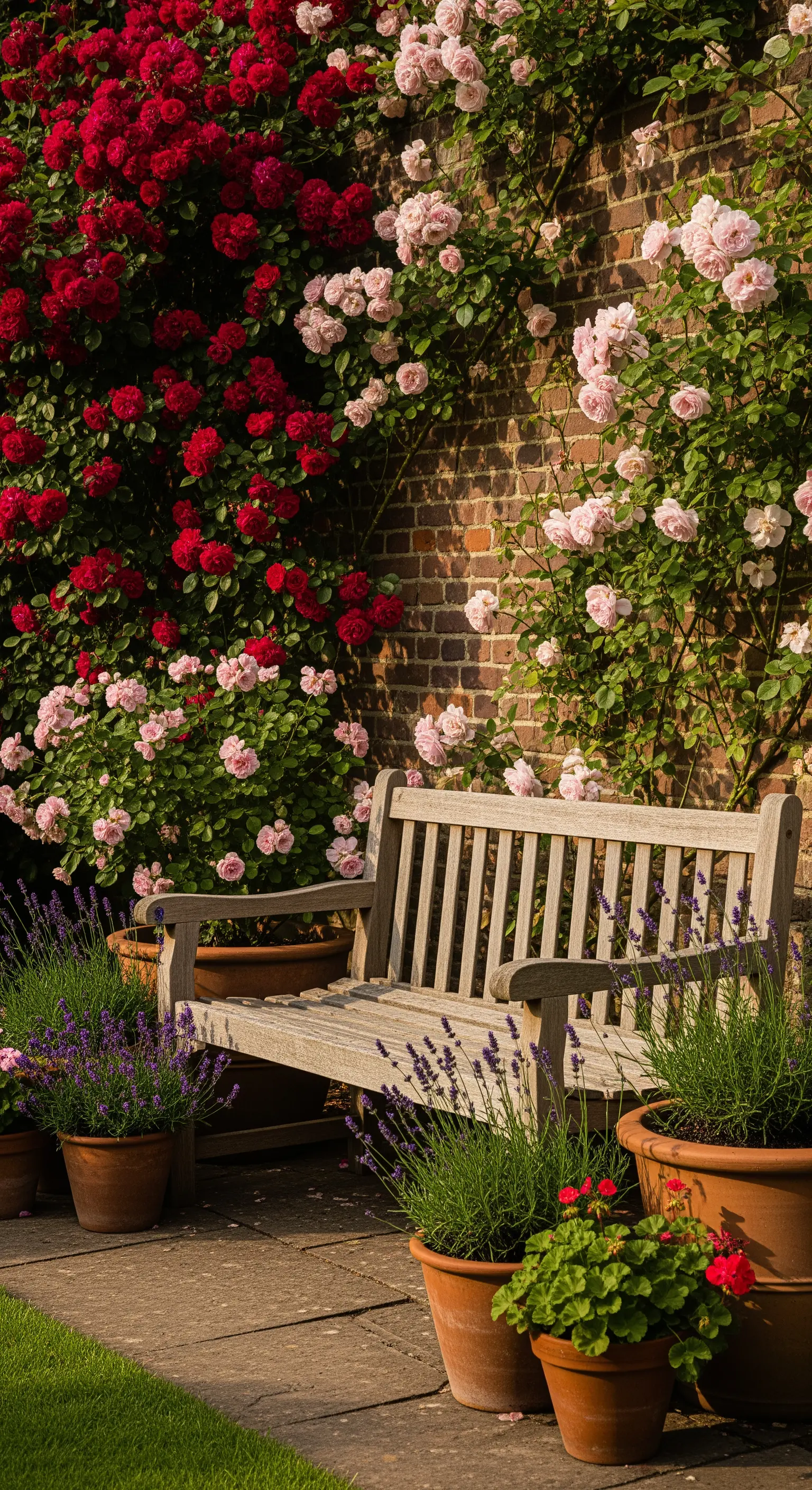 Holzbank vor Backsteinmauer, umgeben von roten Rosen und Lavendel in Terrakottatöpfen.