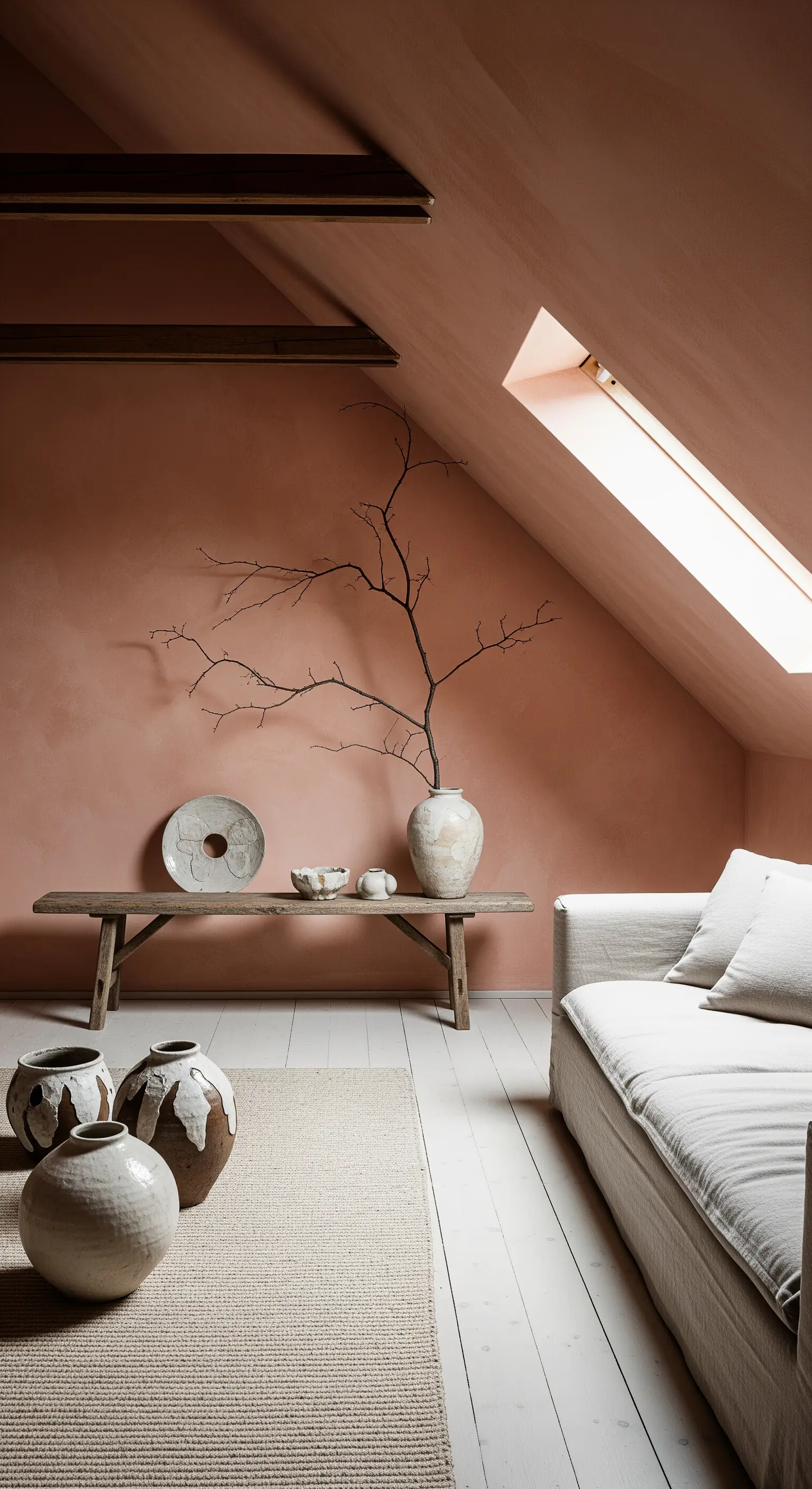 Wohnzimmer mit Wänden in Terrakotta-Kalkputz, rustikaler Holzbank und großen Keramikvasen.