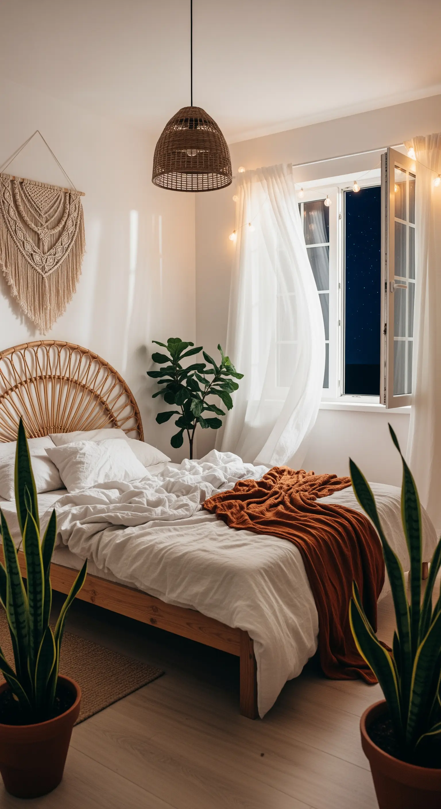 Boho-Schlafzimmer mit Rattan-Kopfteil, Makramee und warmer Hängeleuchte.