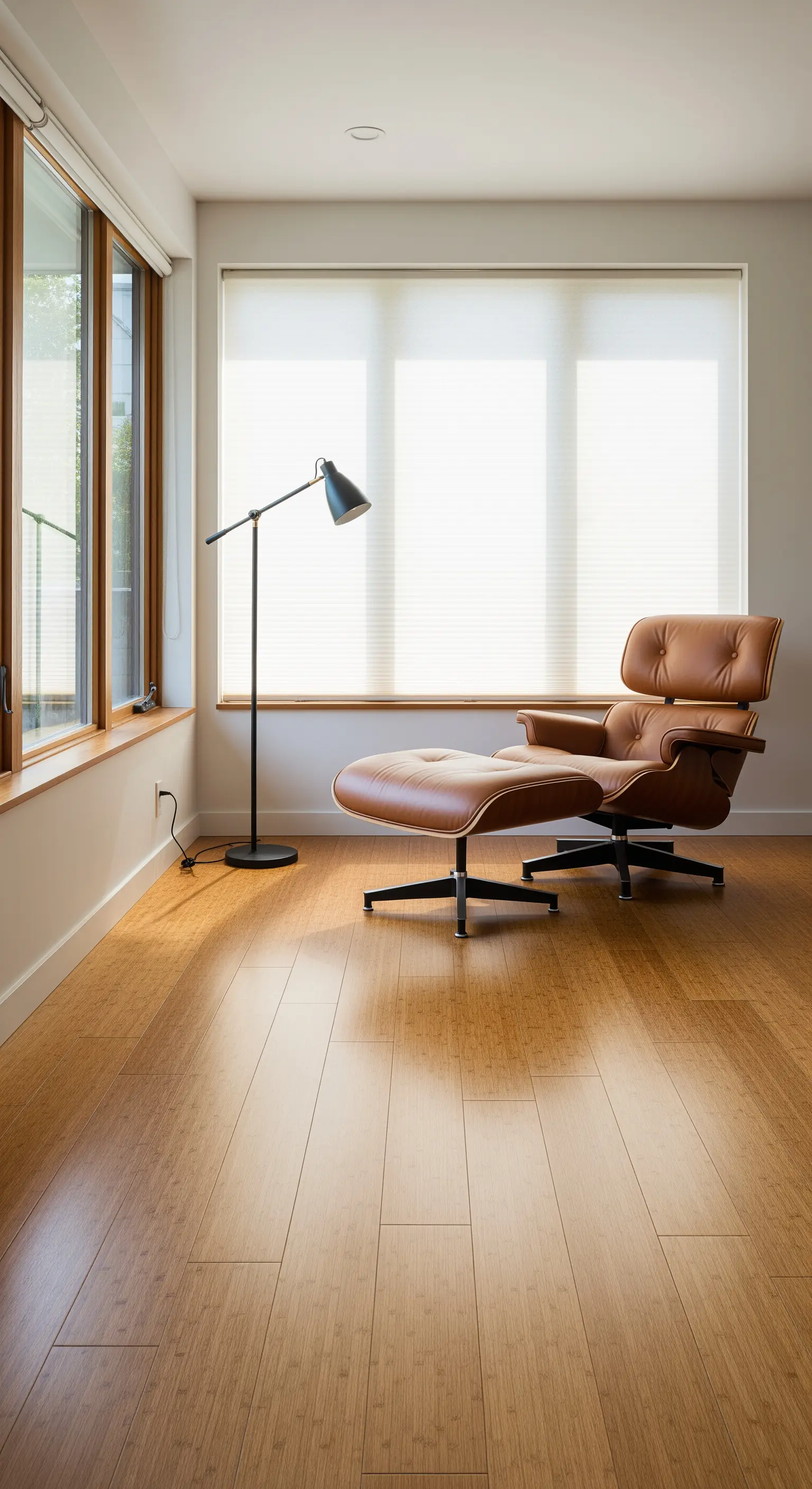 Moderne Leseecke mit Ledersessel und Stehlampe auf warmem Bambus-Parkett