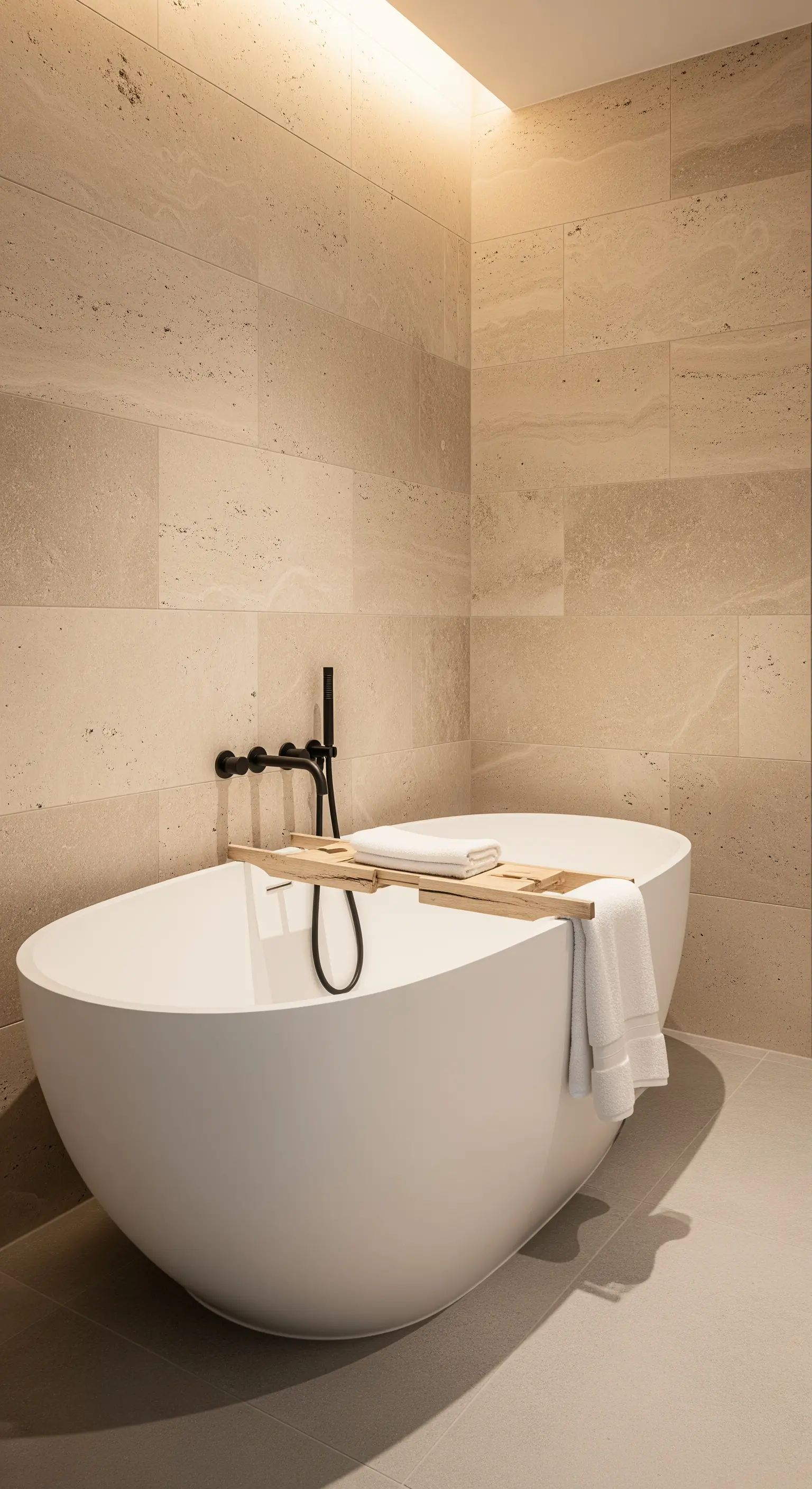 Badezimmer mit beigefarbenen Travertinwänden und einer freistehenden Badewanne.