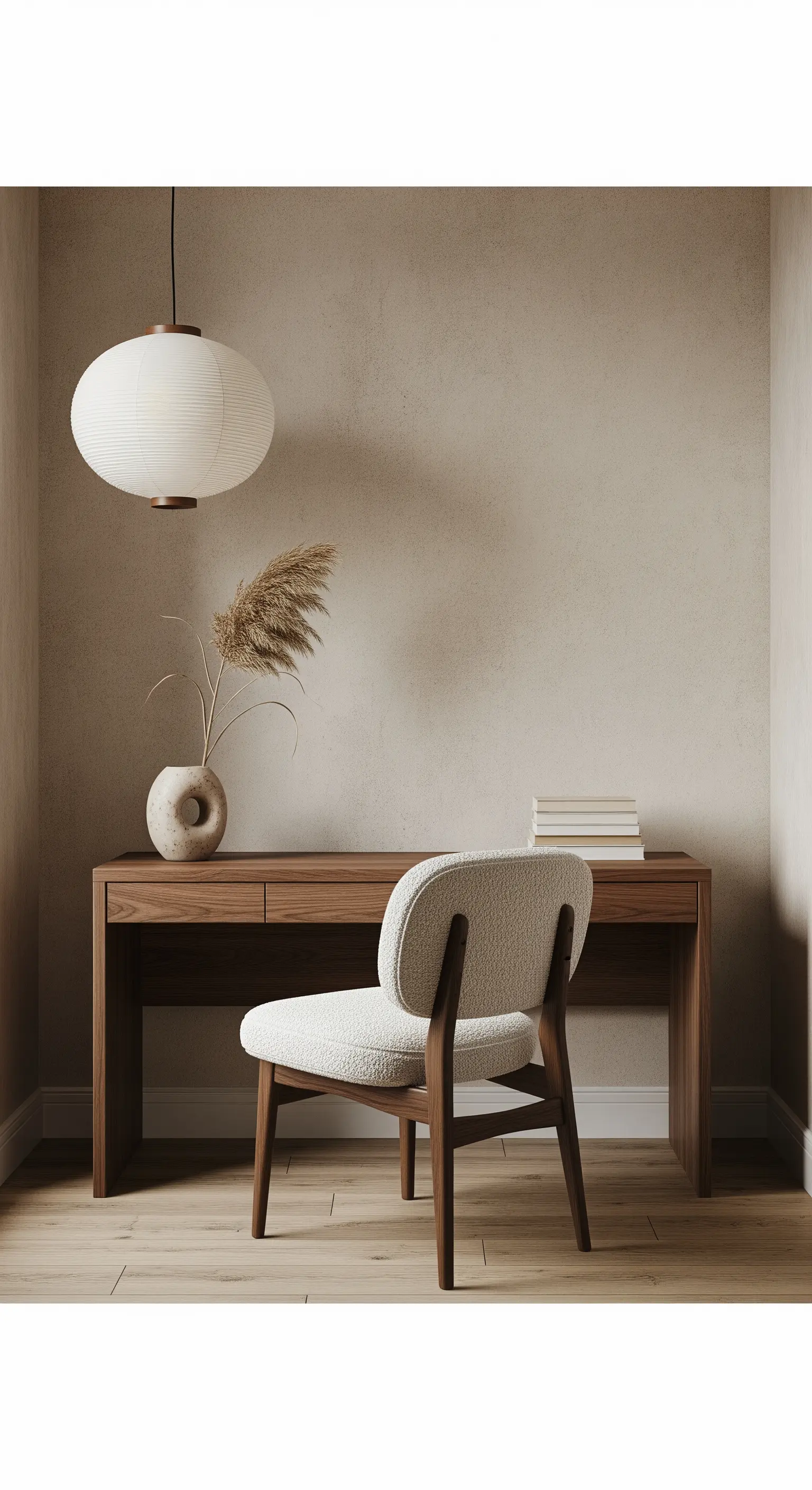 Japandi-inspiriertes Homeoffice mit Holztisch, Bouclé-Stuhl und einer Papier-Hängelampe.