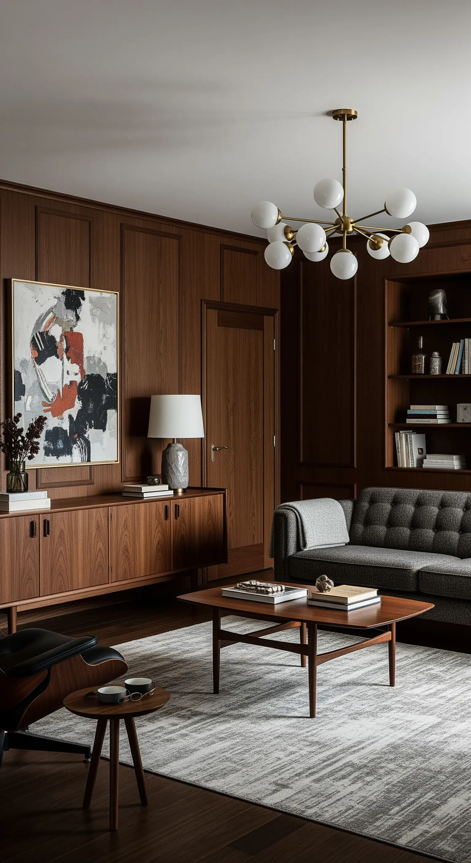 Wohnzimmer im Mid-Century-Stil mit dunkler Holzverkleidung und einer Sputnik-Lampe.