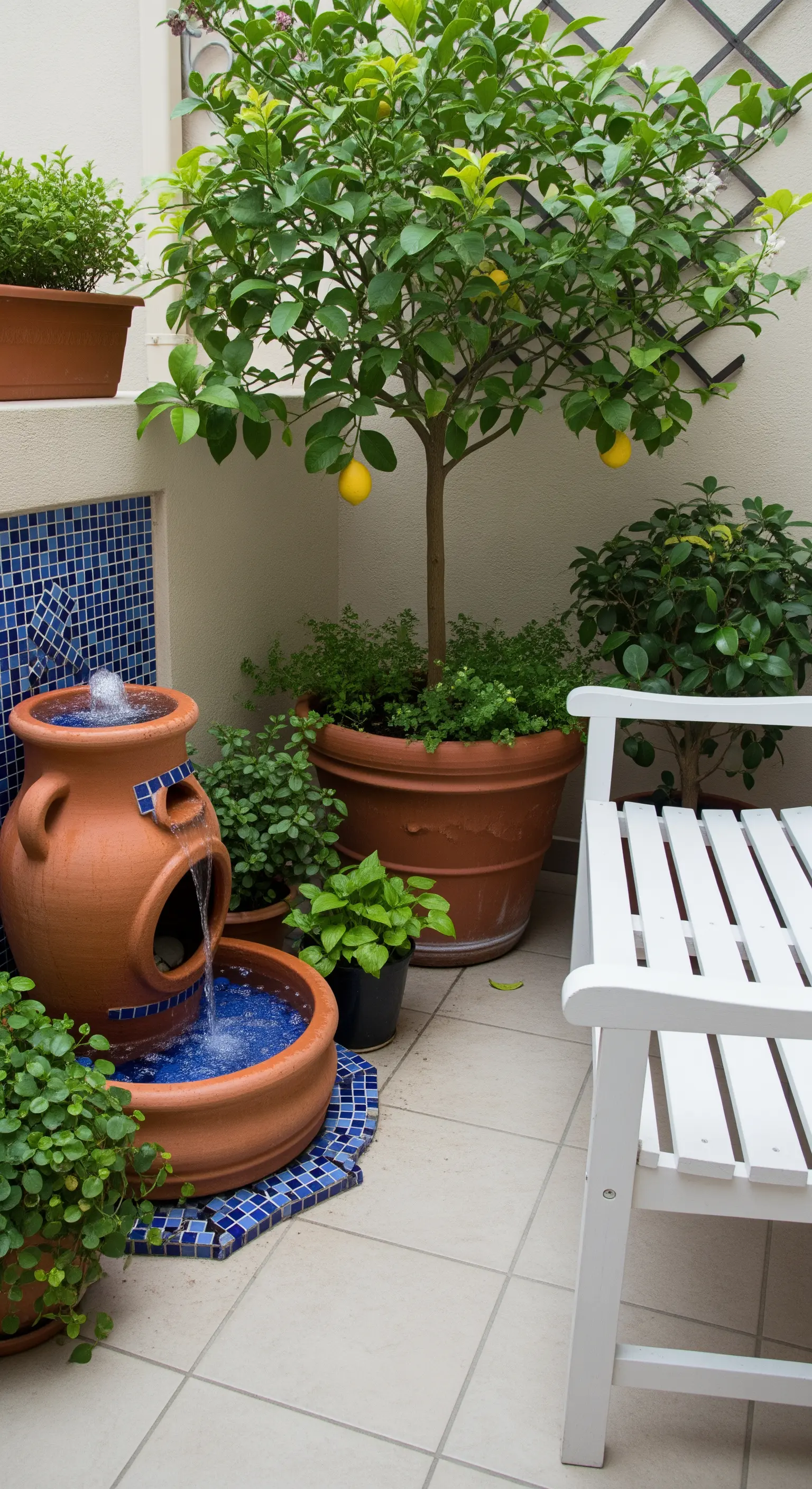 Kleiner Terrakotta-Brunnen mit blauen Mosaikfliesen, umgeben von Grünpflanzen auf einem Balkon.