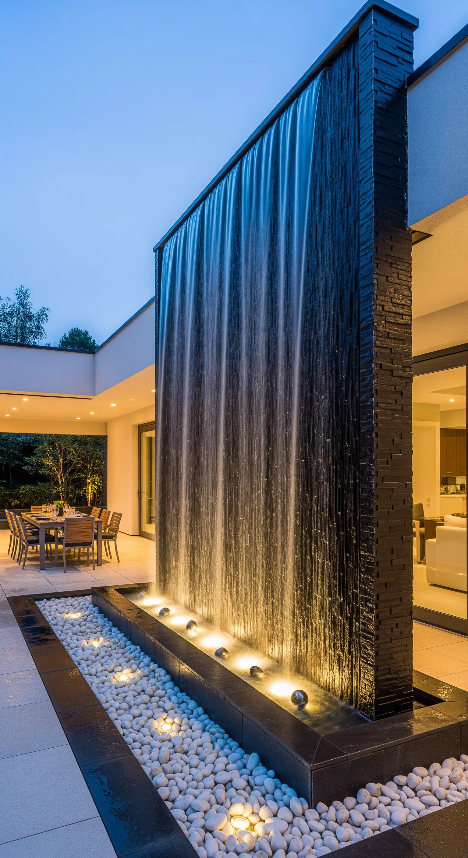 Hohe, freistehende Wasserwand aus dunklem Stein, die von unten beleuchtet wird.
