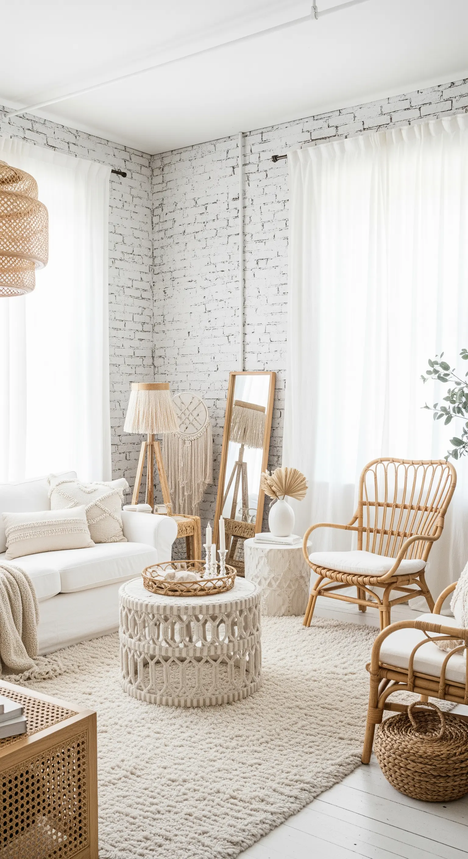 Helles Boho-Wohnzimmer mit einer weiß gestrichenen Ziegelwand und Rattanmöbeln.