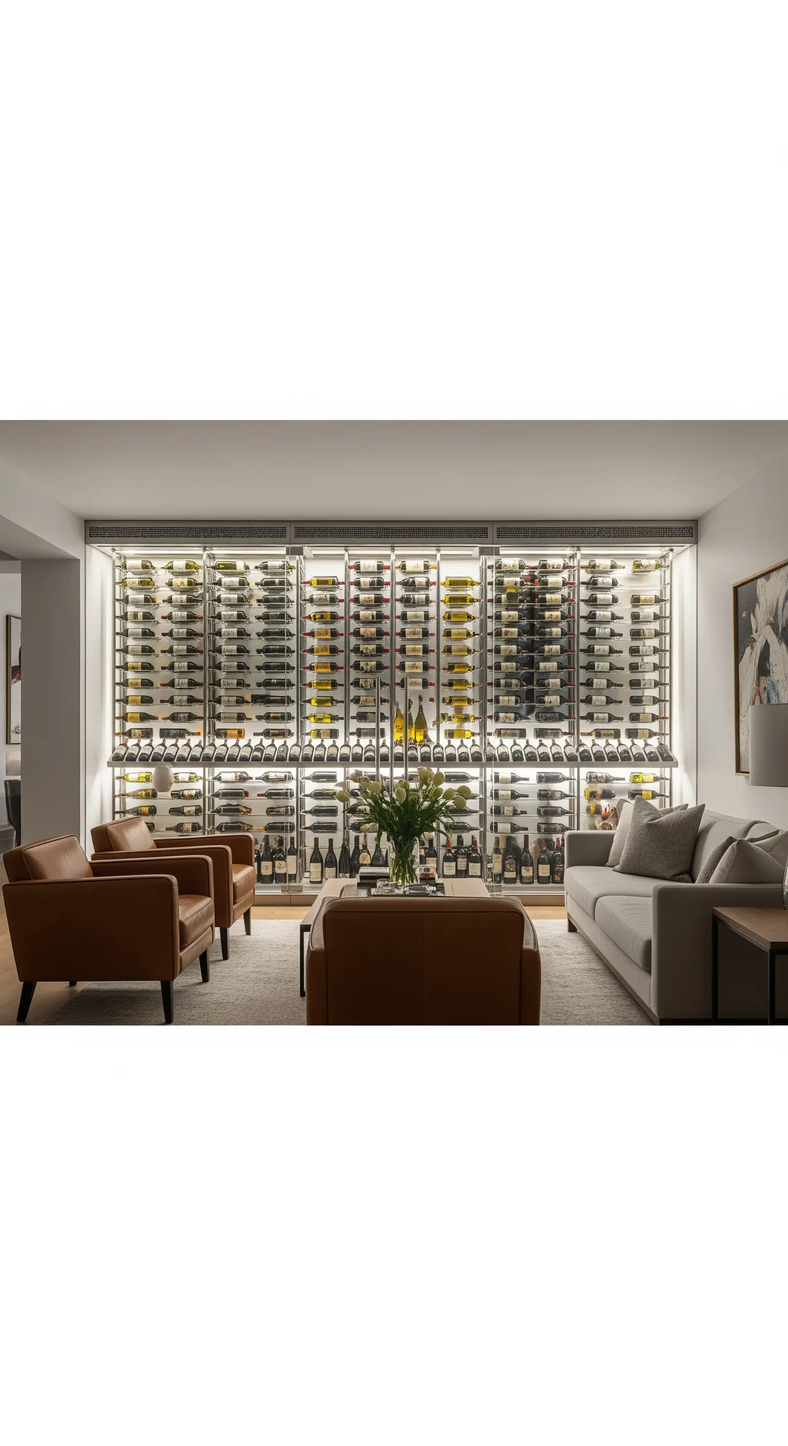 Wohnzimmer mit einer großen, beleuchteten Glas-Weinwand und Ledersesseln.