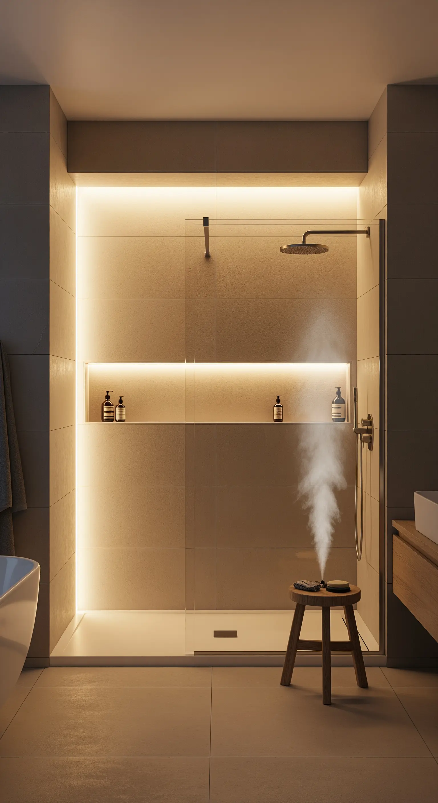 Moderne Dusche mit einer Nische, die von warmer, indirekter LED-Beleuchtung umrahmt ist.
