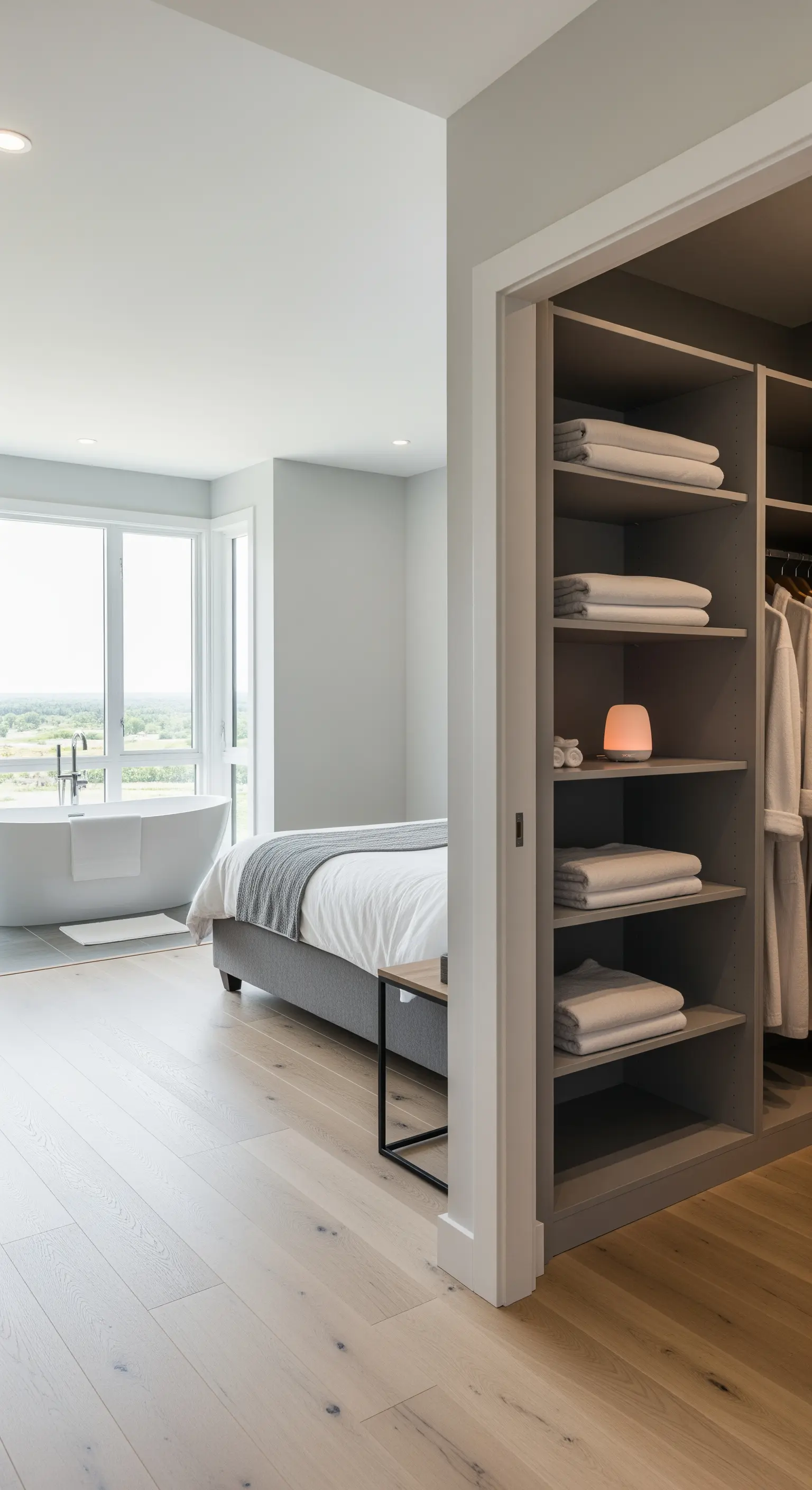 Offenes Schlafzimmer mit Ankleidebereich, der zu einem Badezimmer mit freistehender Wanne führt