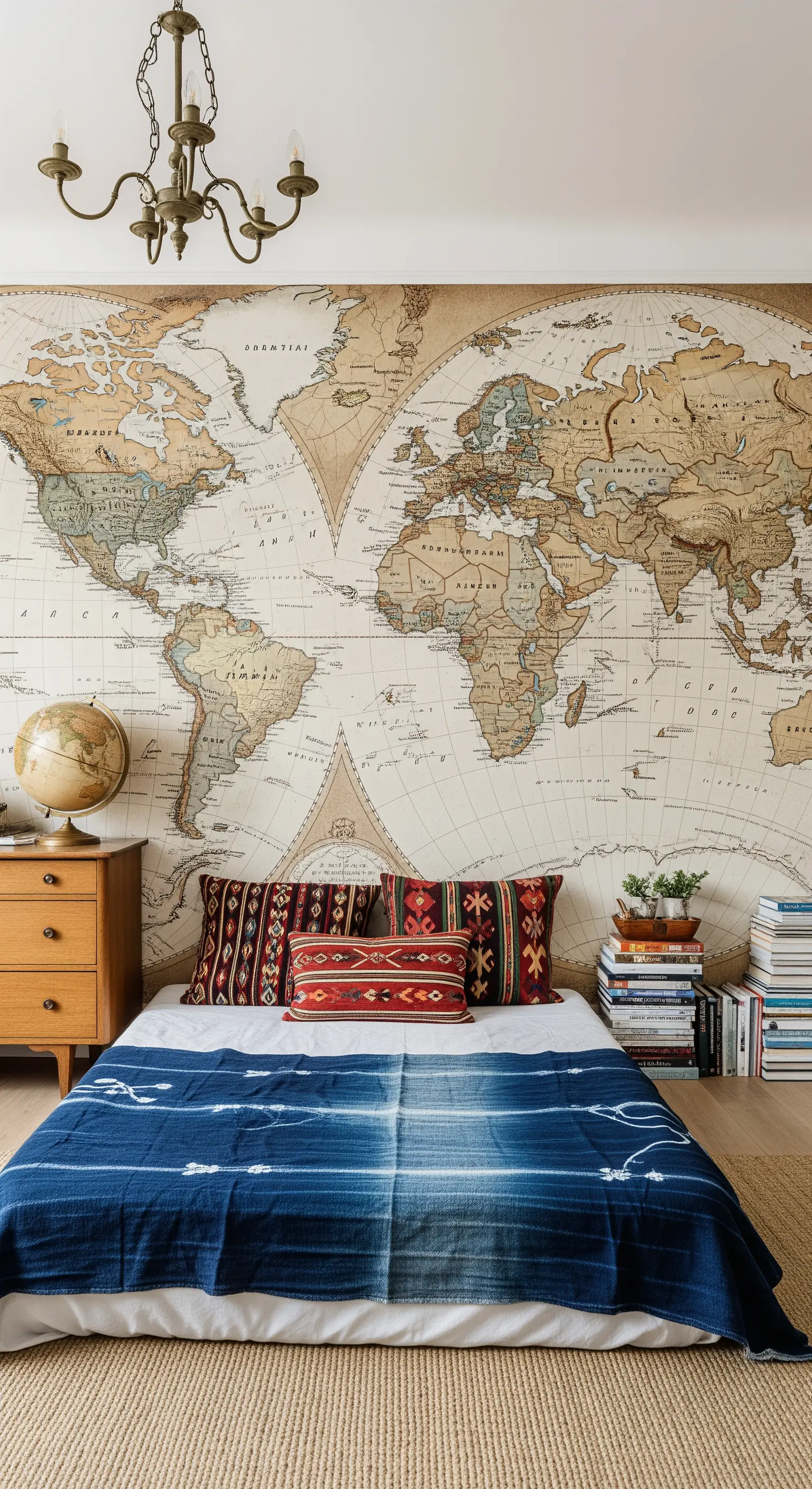 Schlafzimmer mit einer riesigen Vintage-Weltkarte als Fototapete hinter einem bodennahen Bett
