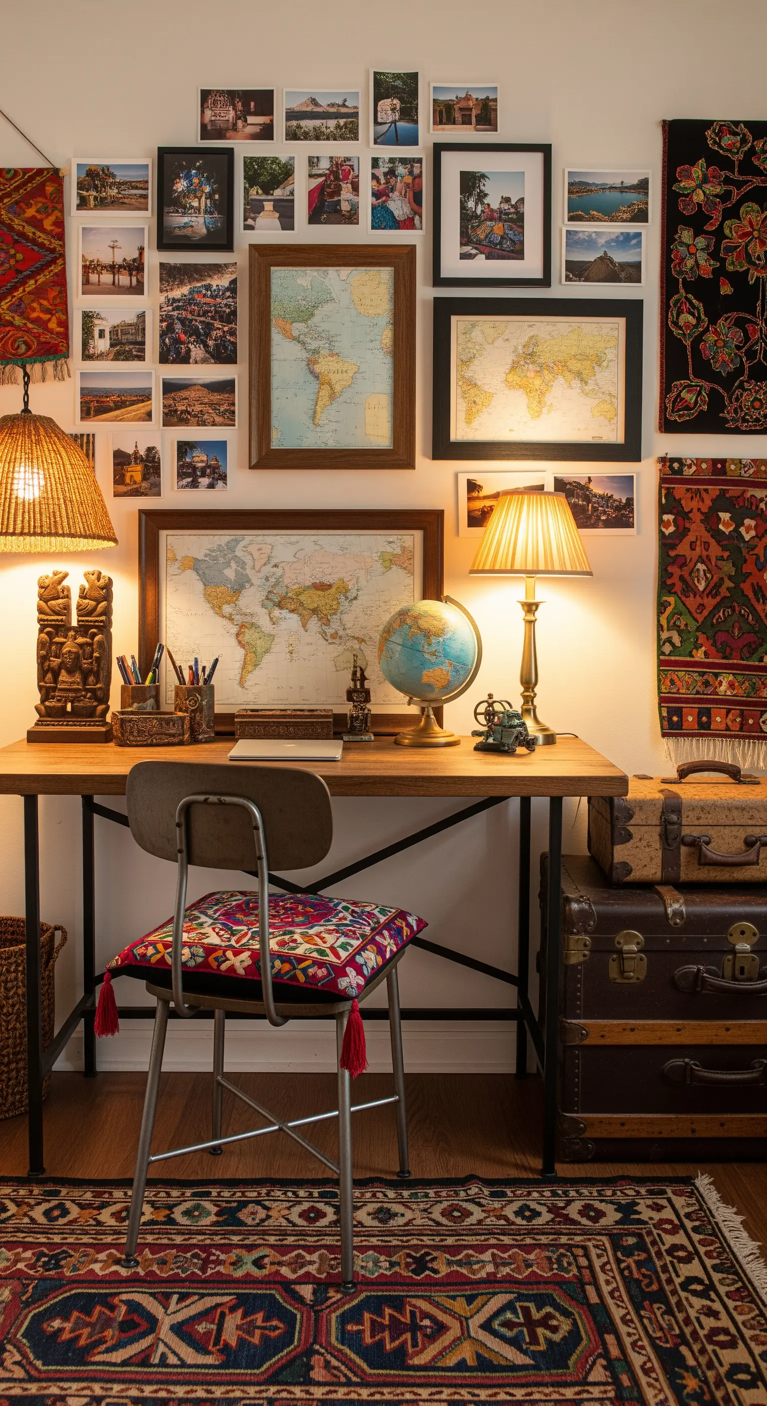 Homeoffice mit einer Galeriewand aus Landkarten und Reisefotos über dem Schreibtisch.