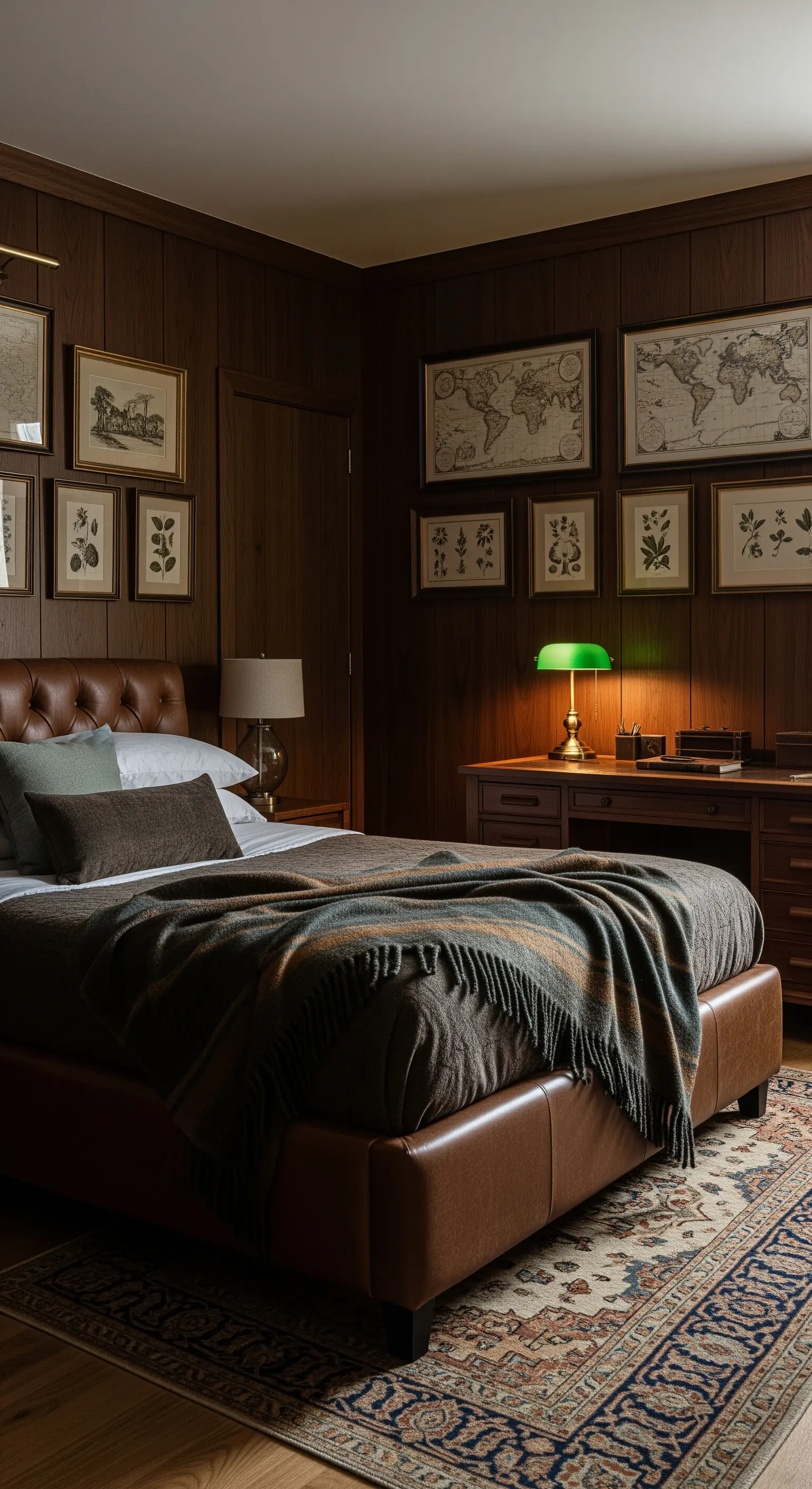 Dunkles, holzgetäfeltes Schlafzimmer mit einer Sammlung von Landkarten in dunklen Rahmen.