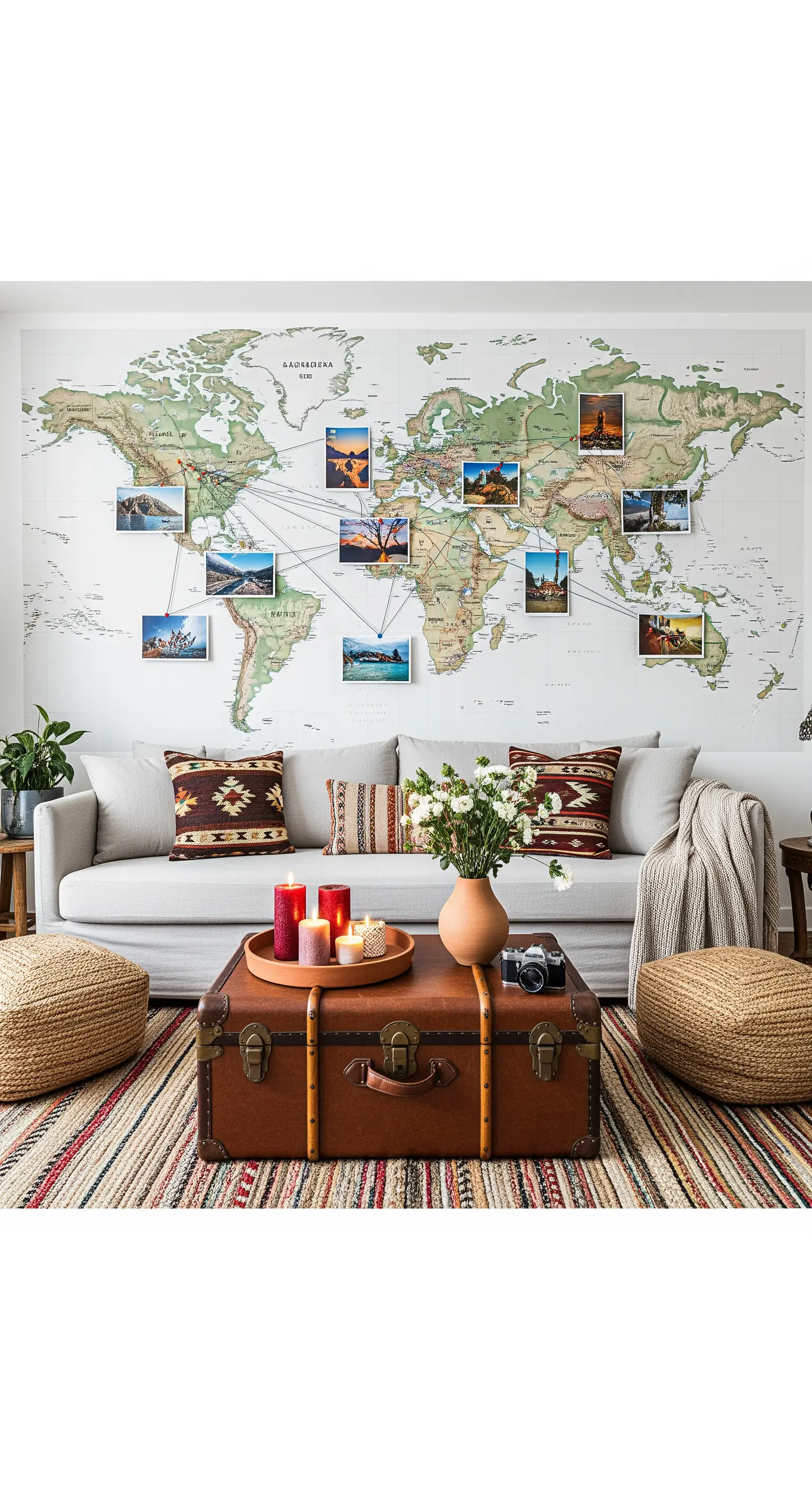 Große Weltkarte an einer Wohnzimmerwand, auf der Reisefotos mit Fäden an Orte gepinnt sind.