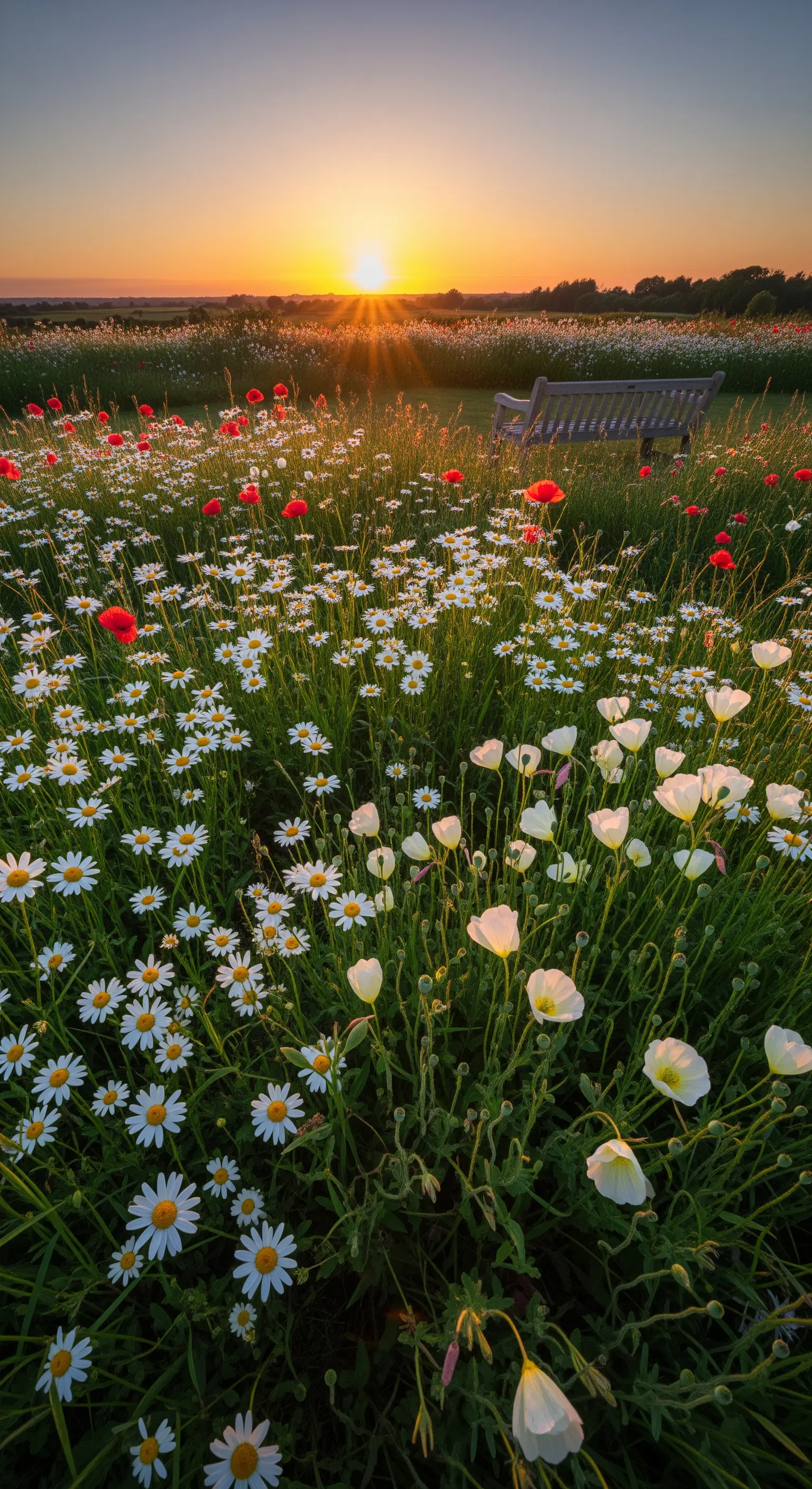 Eine Wildblumenwiese mit Mohn und Margeriten im Licht des Sonnenuntergangs, mit einer Holzbank im Hintergrund.