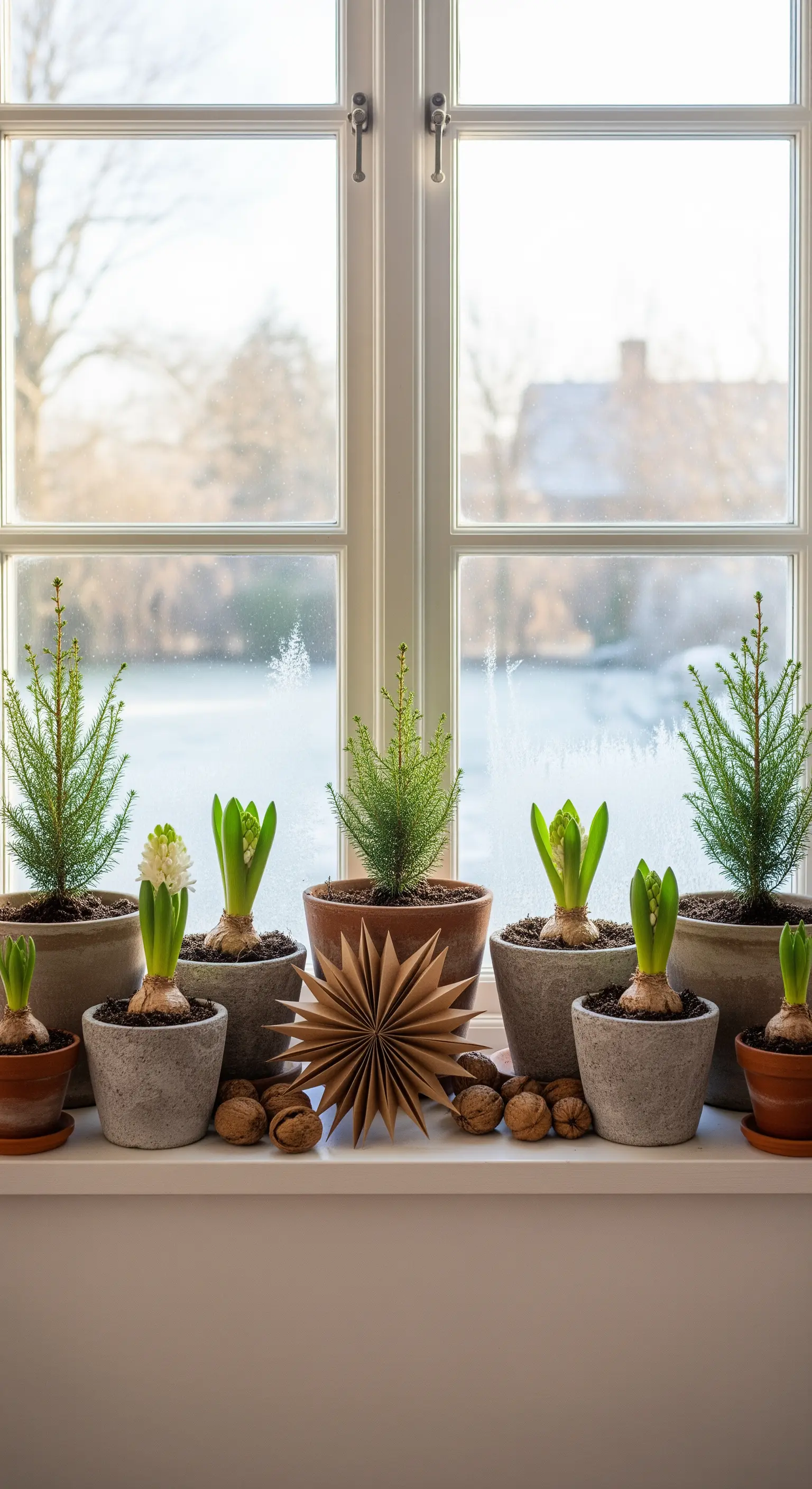 Fensterbank mit Töpfen, in denen kleine Nadelbäume und Hyazinthen wachsen.