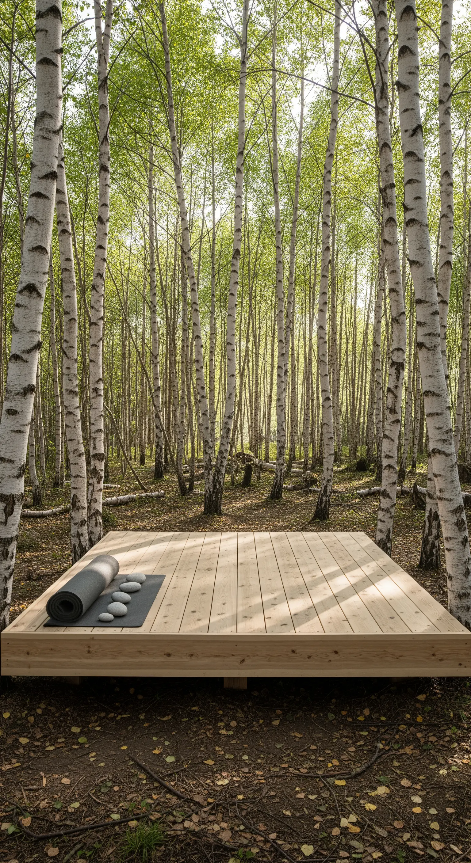 Schwebende Holzplattform für Yoga inmitten eines lichten Birkenwaldes im Sonnenlicht