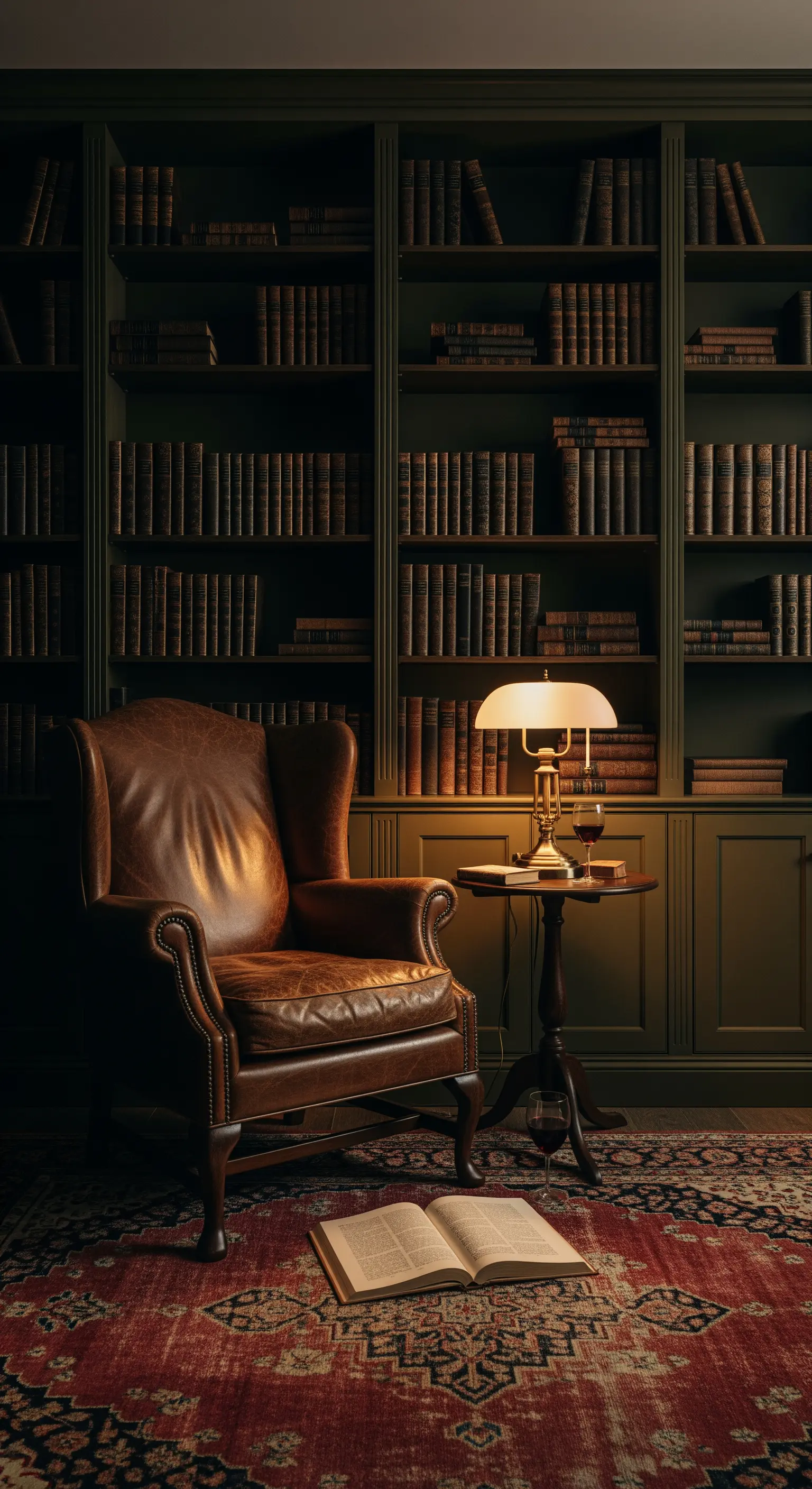 Klassischer Ledersessel in einer dunklen Bibliothek mit gedimmtem Licht.