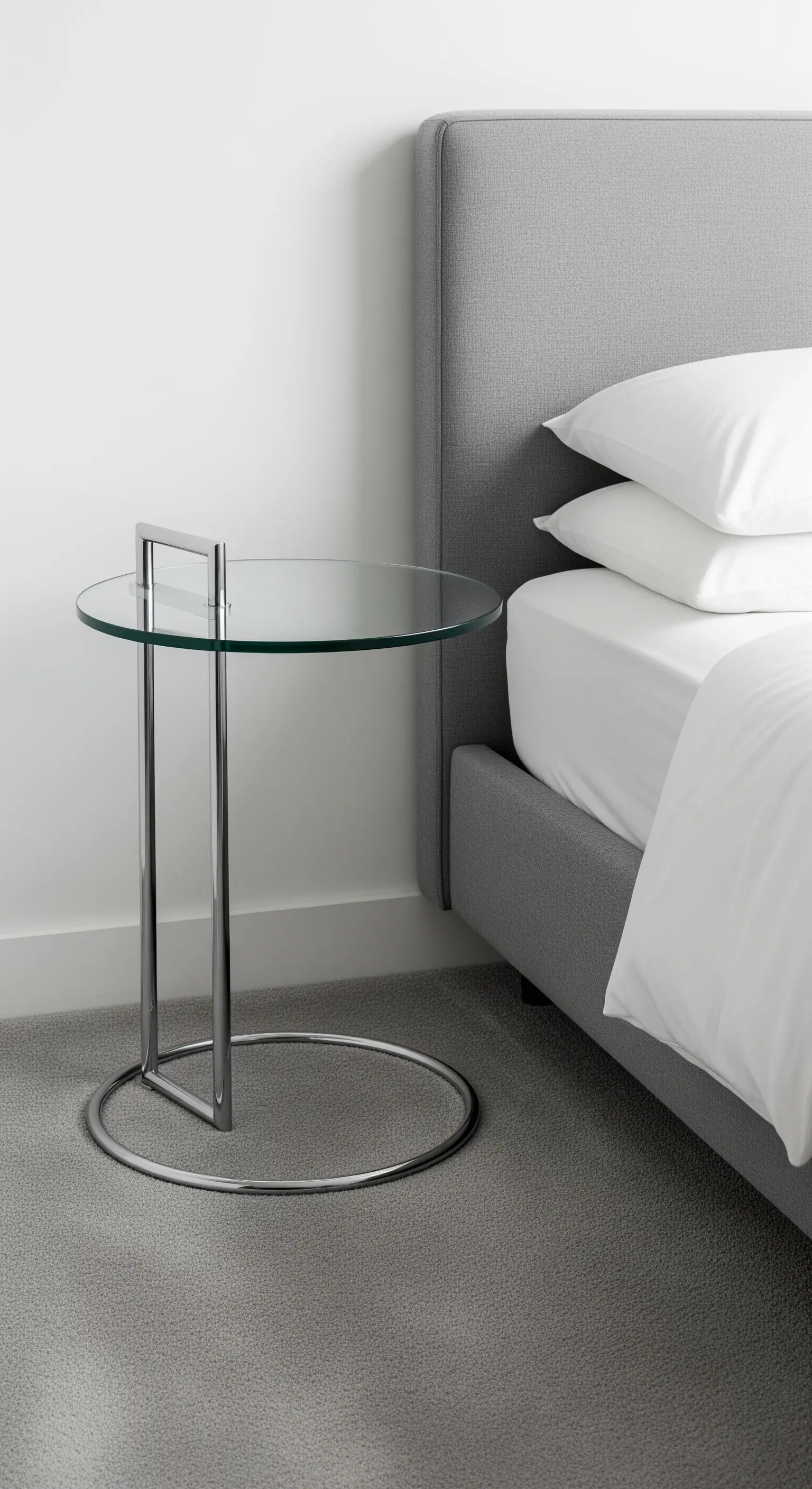 Runder Beistelltisch mit Glasplatte und Chromgestell als eleganter Nachttisch.