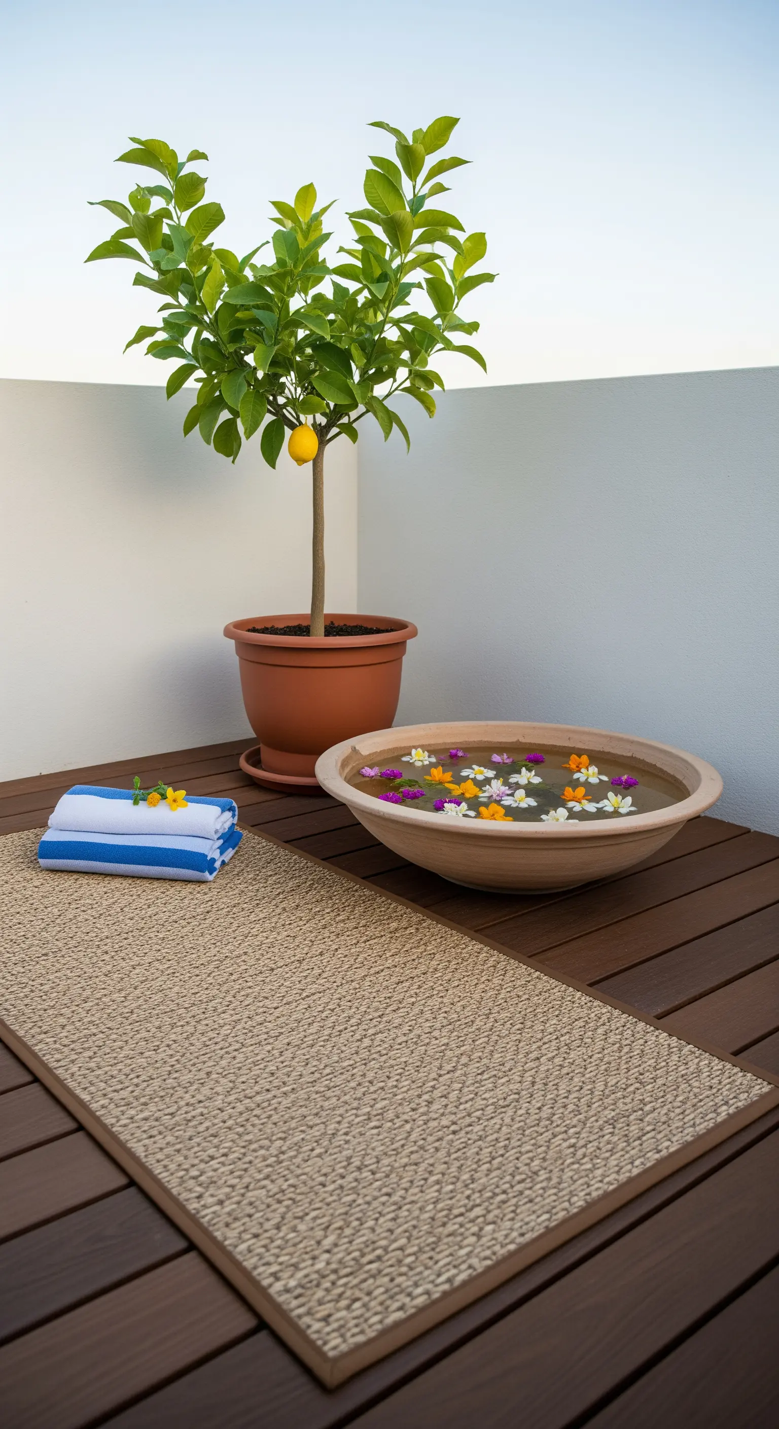 Ruhige Balkonecke mit Yogamatte, Wasserschale mit Blüten und einem Zitronenbaum.