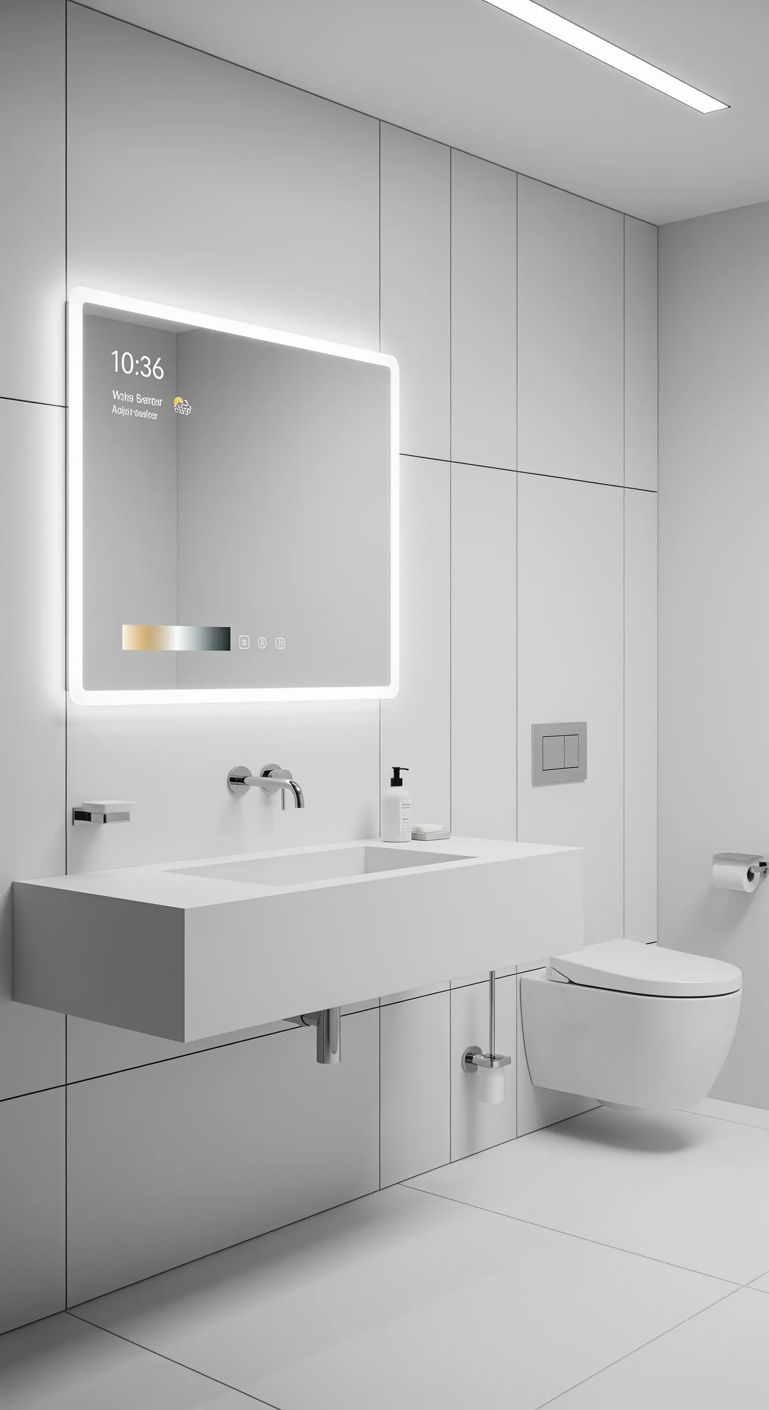 Smarter LED-Spiegel mit Wetter- und Uhrzeitanzeige in einem reinweißen, minimalistischen Bad.