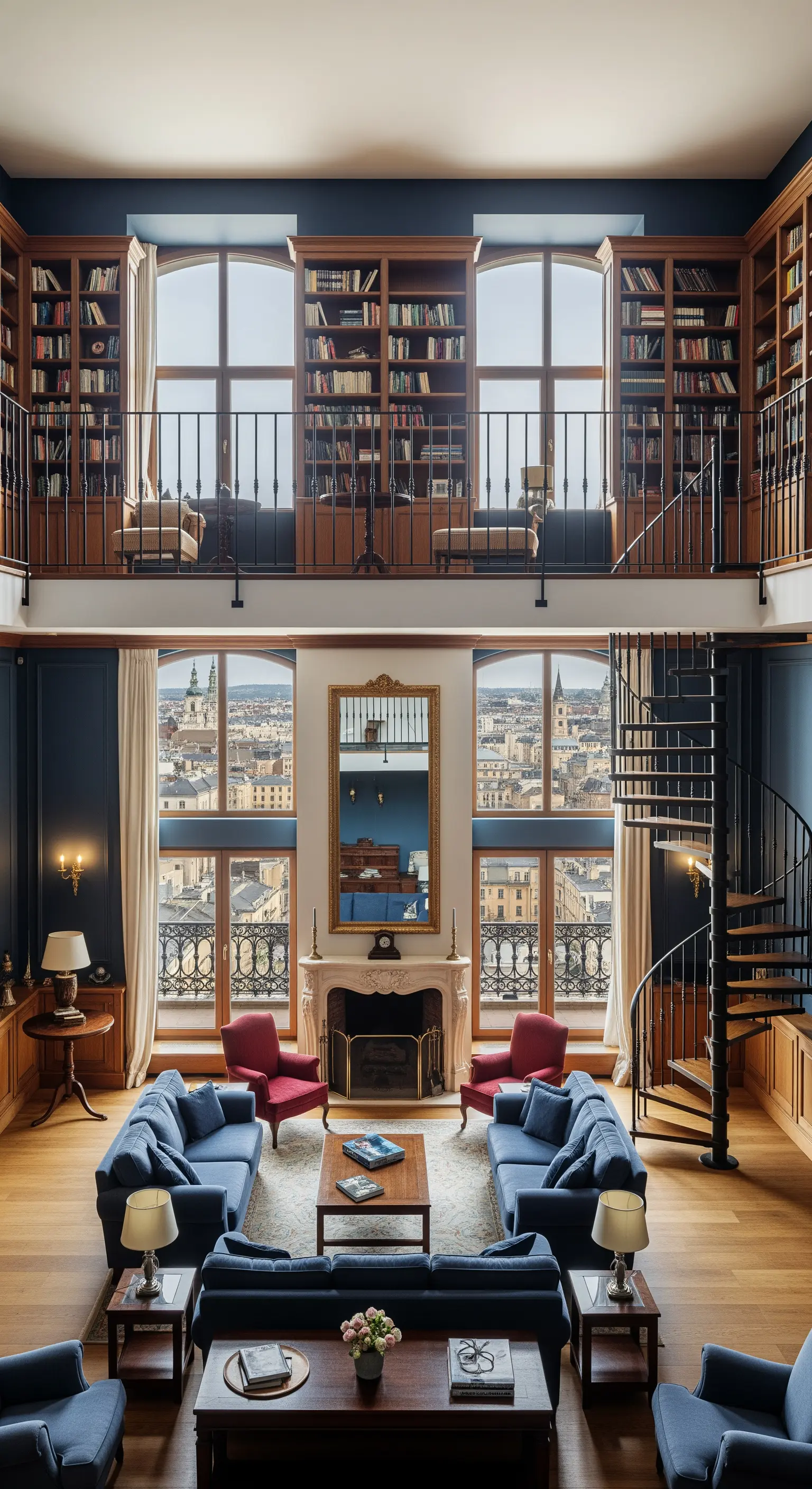 Klassisches Wohnzimmer mit Galerie, hohen Bücherregalen und Wendeltreppe