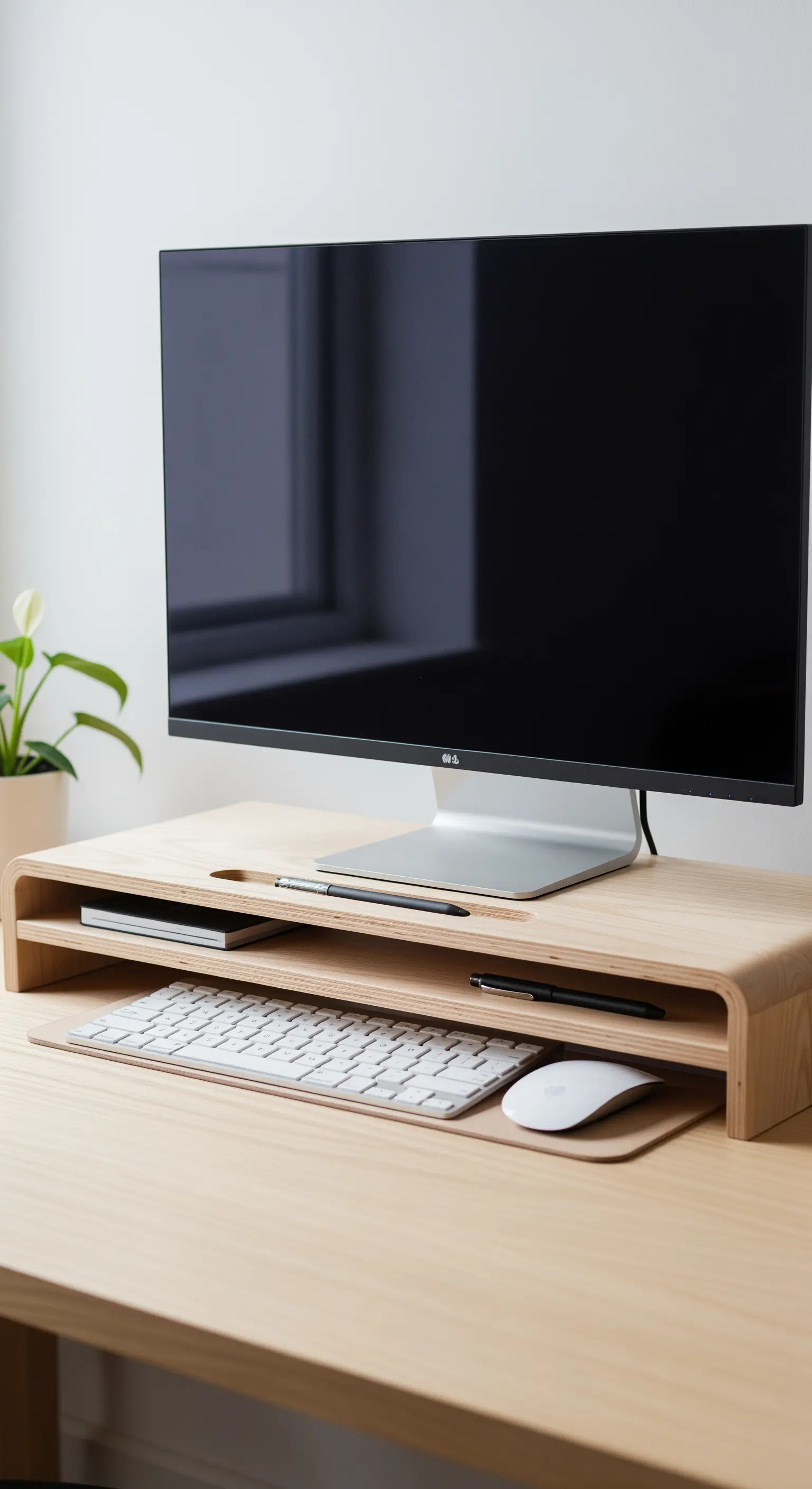 Hölzerner Monitorständer auf einem Schreibtisch, unter dem eine Tastatur verstaut ist.