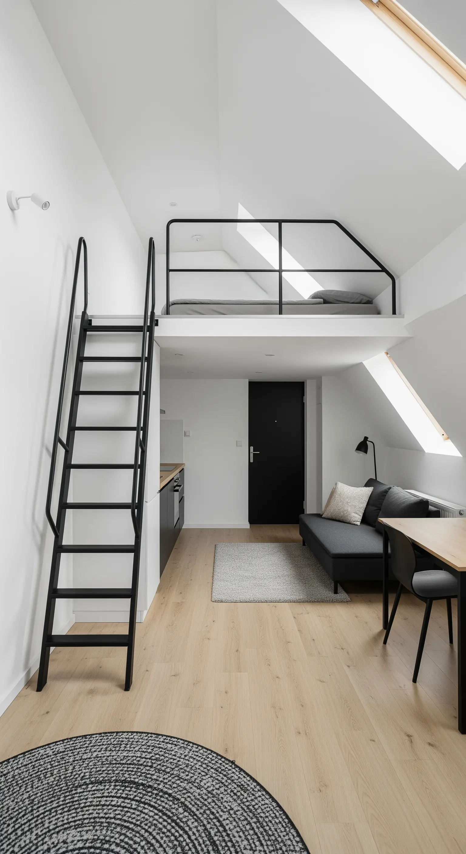 Kleines Studio-Apartment mit einem Hochbett über dem Wohnbereich, erreichbar über eine schwarze Leiter.
