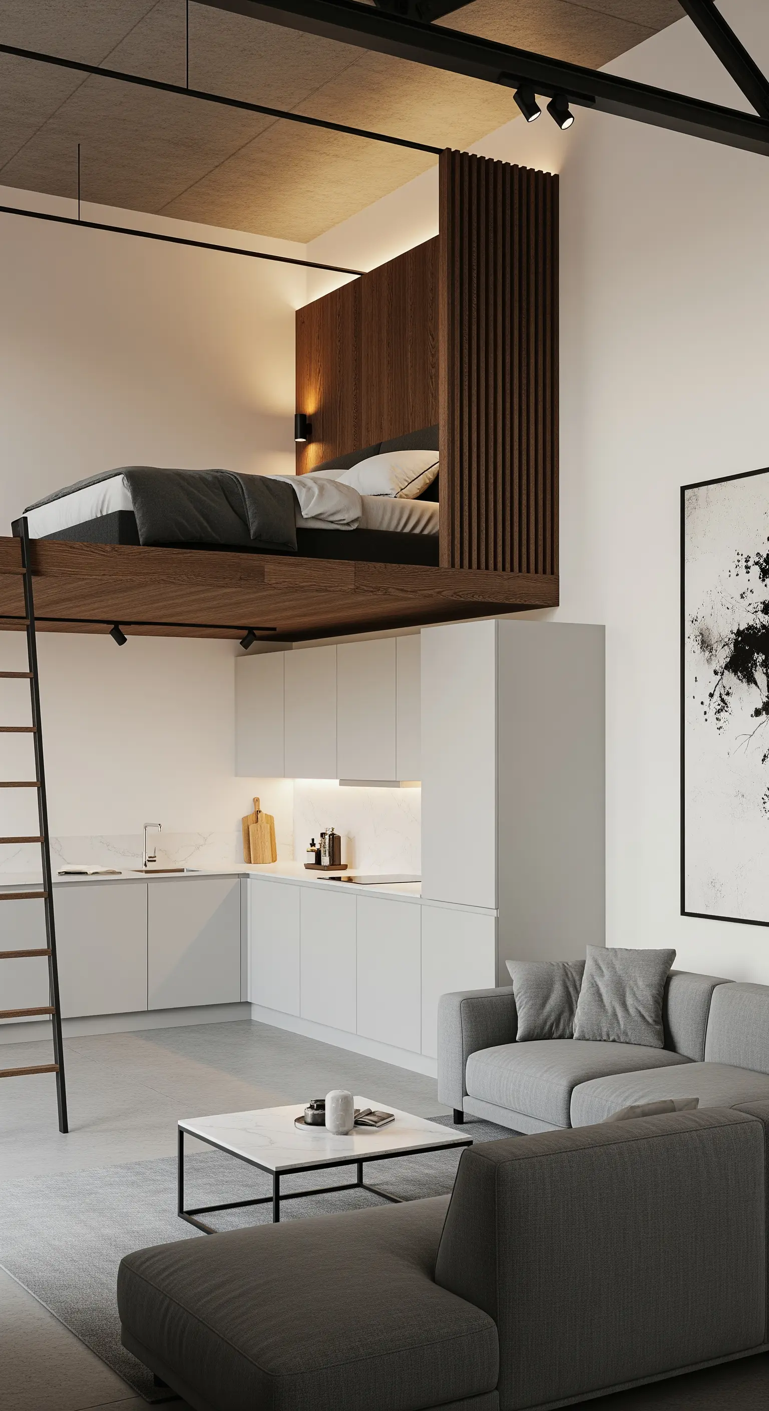 Modernes Studio-Apartment mit Hochbett über einer minimalistischen Küche