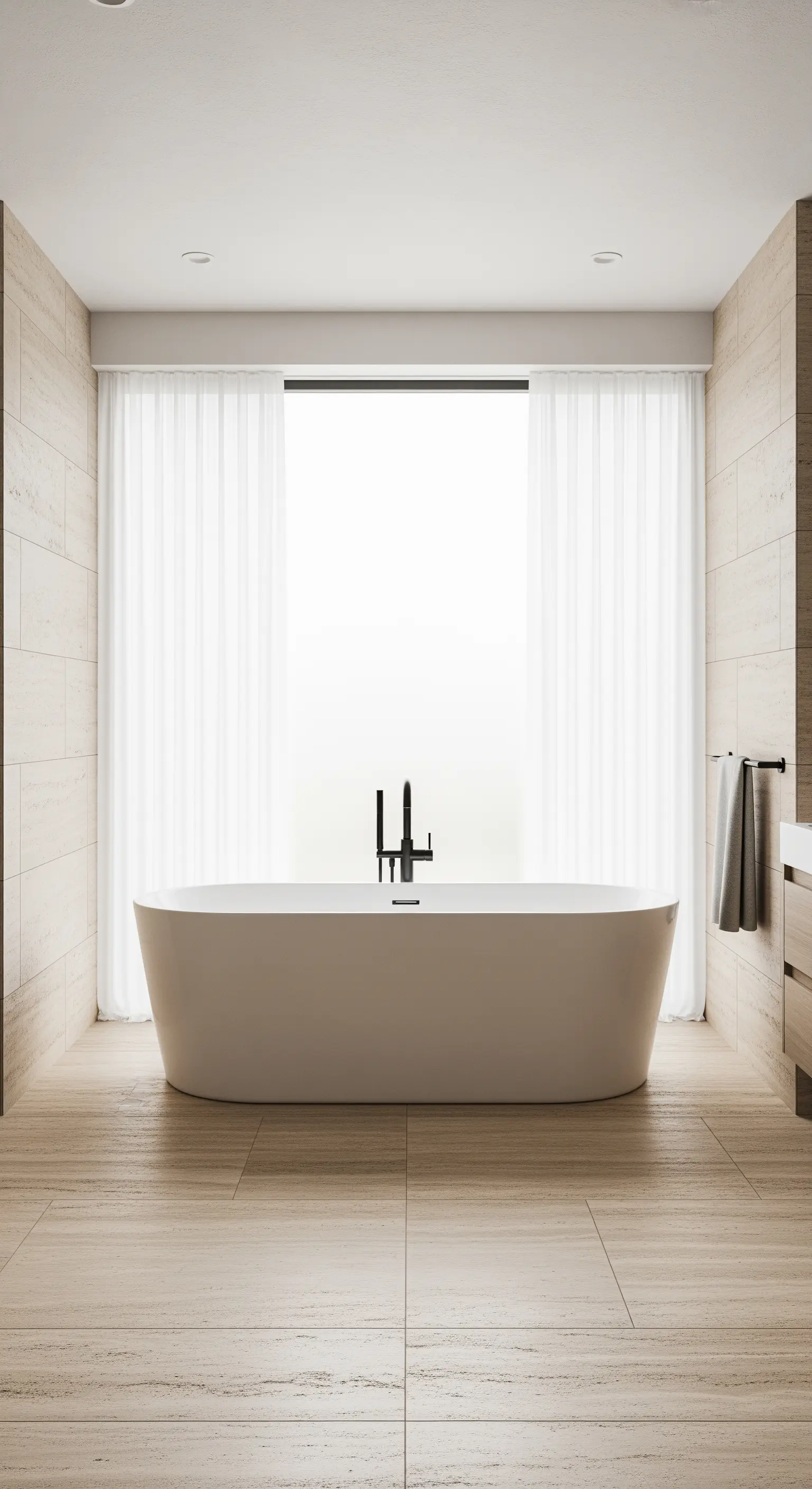 Modernes Badezimmer mit freistehender Wanne und zarten, lichtdurchlässigen Vorhängen.