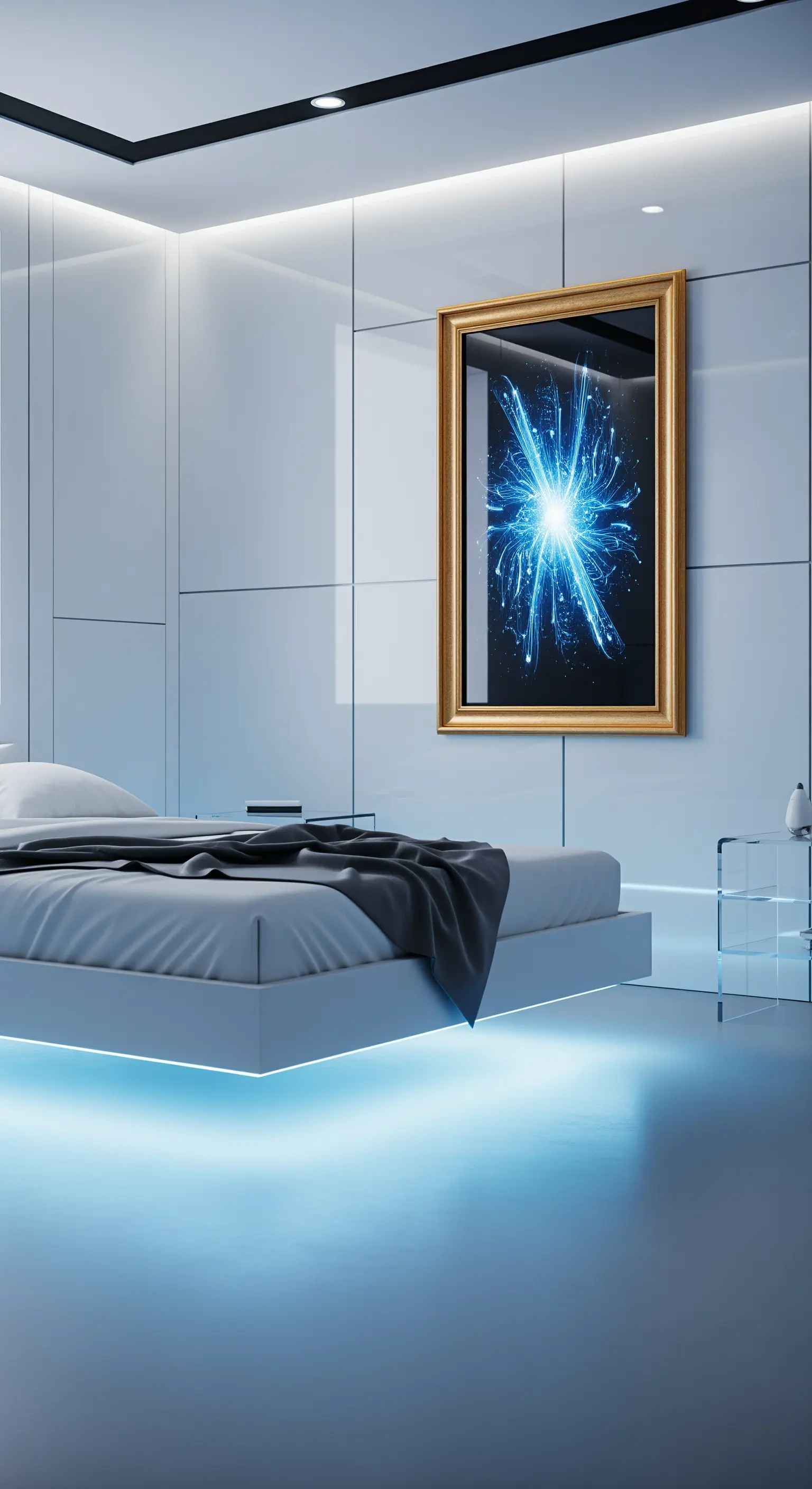 Futuristisches Schlafzimmer mit LED-Beleuchtung und einem leuchtenden Kunstwerk in Goldrahmen.