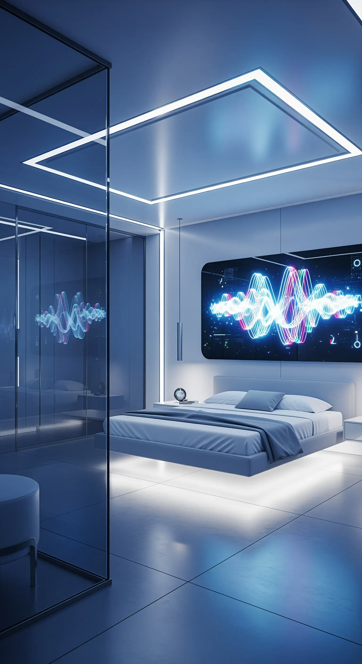 Futuristisches Schlafzimmer mit leuchtender digitaler Kunst an der Wand und LED-Beleuchtung.