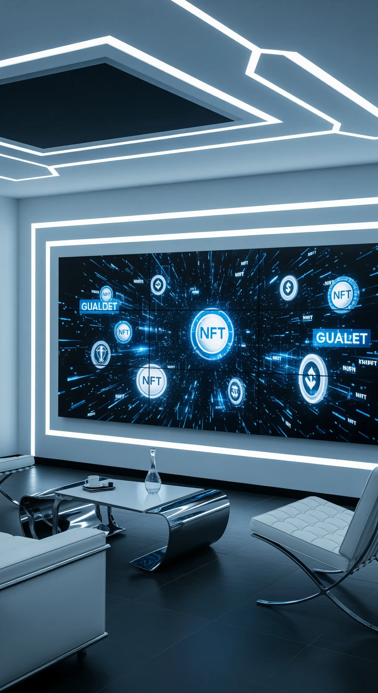 Ein futuristisches Wohnzimmer mit einer großen digitalen Wand, die NFT-Kunst in einem LED-Rahmen anzeigt.